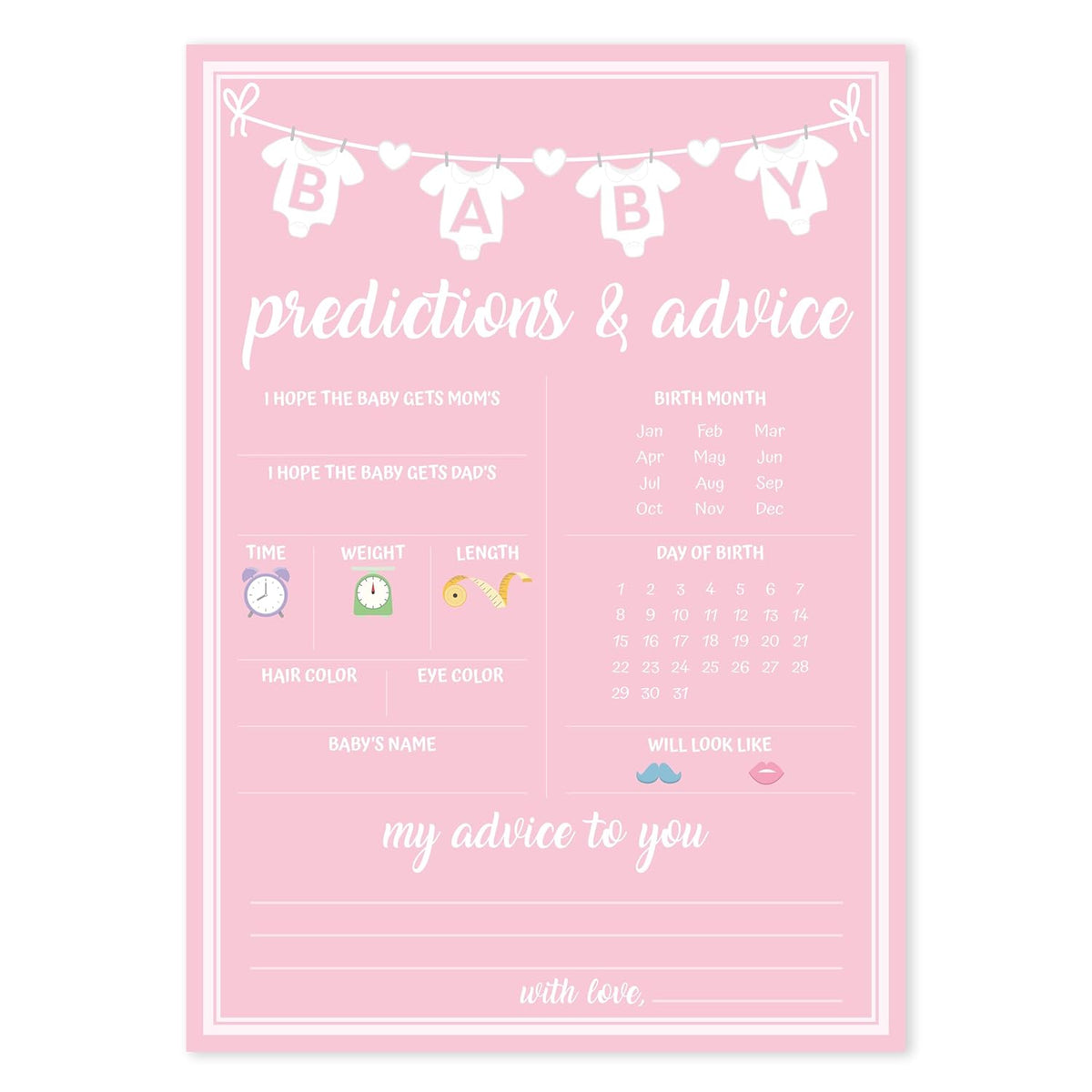 Baby Shower Games For Girl, 50 Pcs Pink Prediction & Advice Game, Fun Activity Cards, Baby Shower Ideas