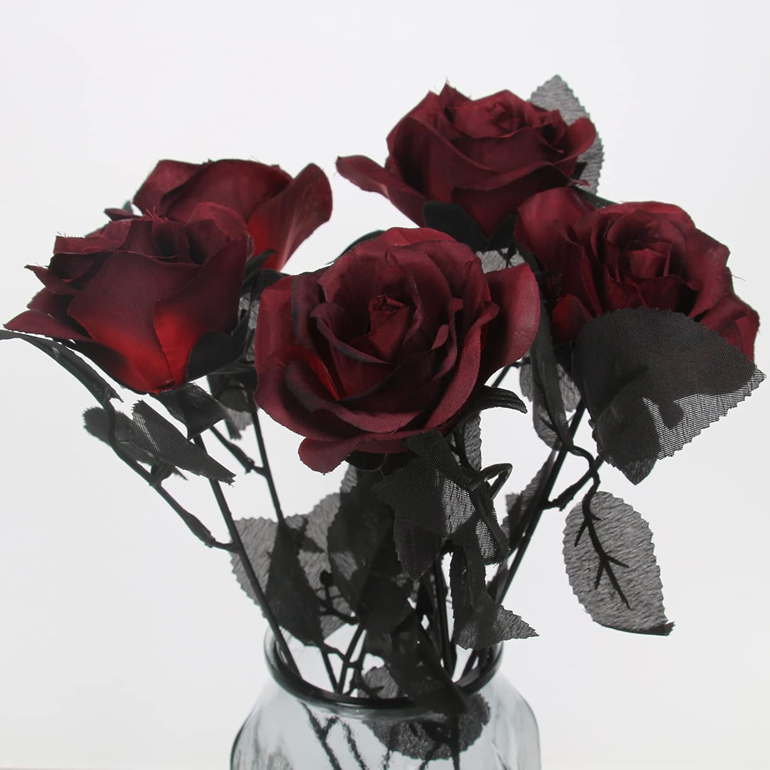 10 Pcs Artificial Roses Bouquet Faux Black Roses Bundles Fake Flowers Realistic Flowers Arrangements Halloween Decor (Maroon, 10)