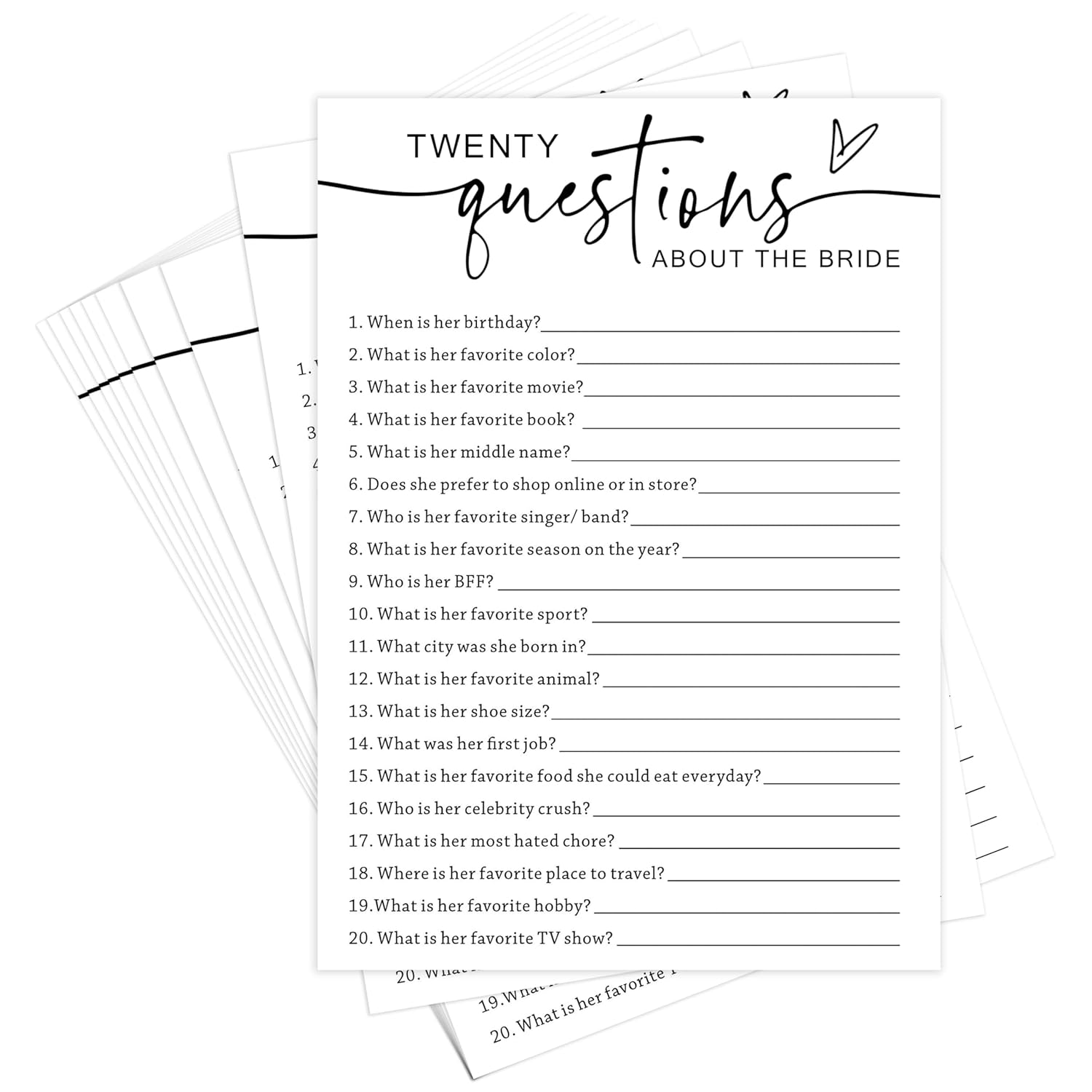 Bridal Shower Games, Twenty Questions About The Bride, 5X7 Inches, Fun And Hilarious Games For Bridal Shower, Wedding Shower, Bachelorette Party Decorations Supplies -A05