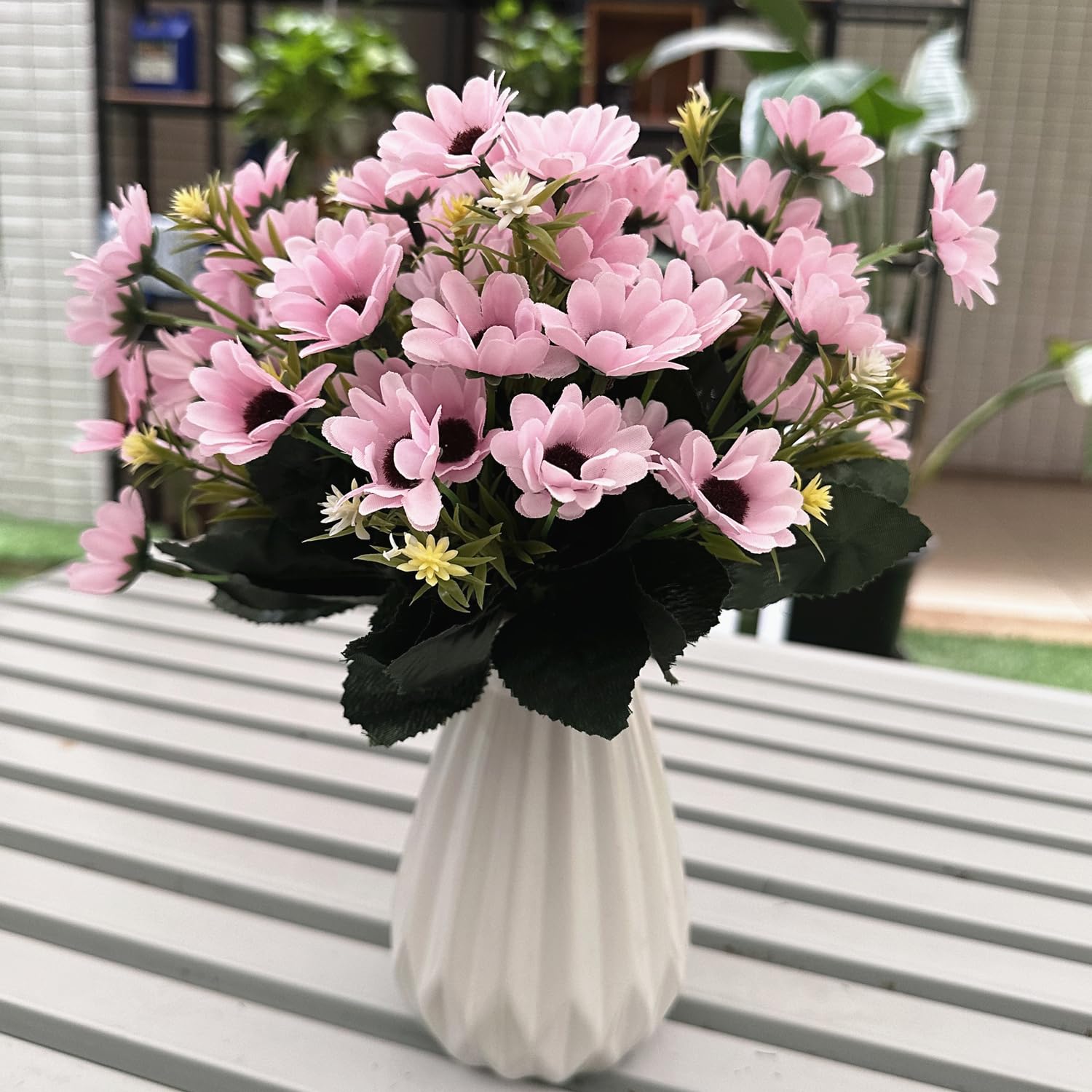 Artificial Daisies Flowers, Fake Silk Daisy Small Flower Marguerites Plants Decor 4 Bouquet, Faux Plastic Stems Bushes Greenery Bundles For Indoor Outdoor Verandah Wedding Spring Decorations - Pink