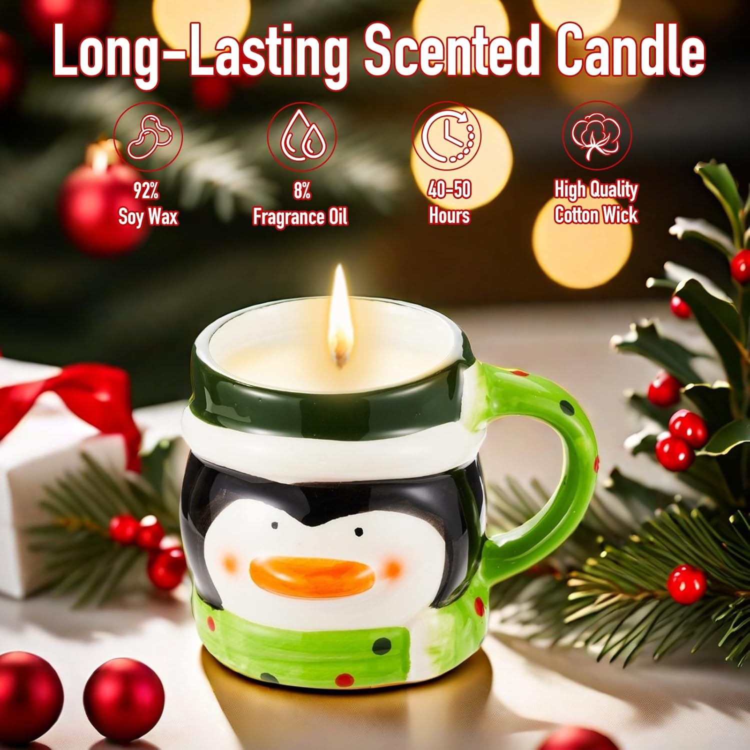 12Oz Christmas Scented Candle In Penguin Mug - Holiday Cookie Scent, Stocking Stuffers For Women Teen Girls, Christmas Gifts For Adults