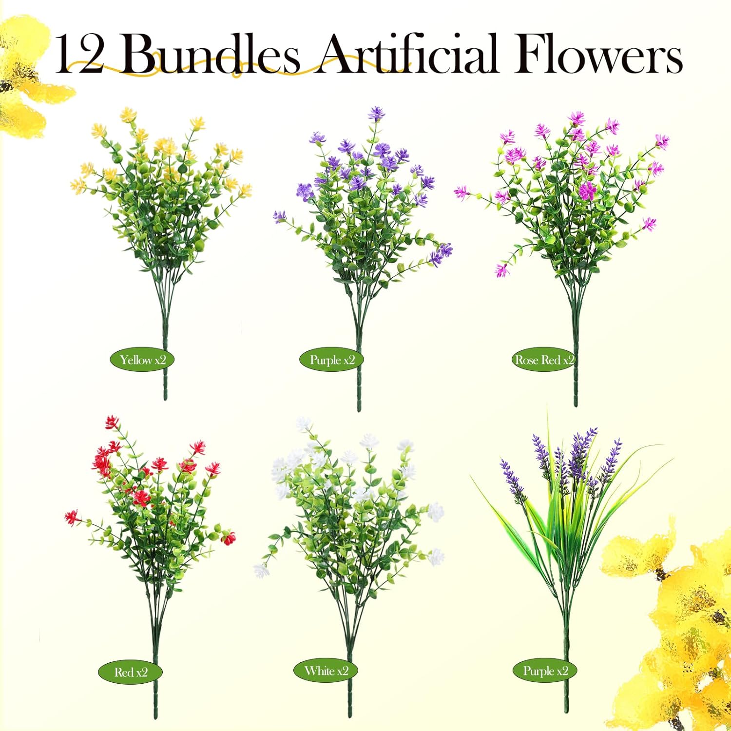 12 Pack Artificial Flowers & Plants For Outdoor Decor - Autumn Faux Eucalyptus & Lavender Greenery Shrubs - Fake Plants For Garden, Porch, Patio, Cemetery - Spring & Autumn Home Decoration