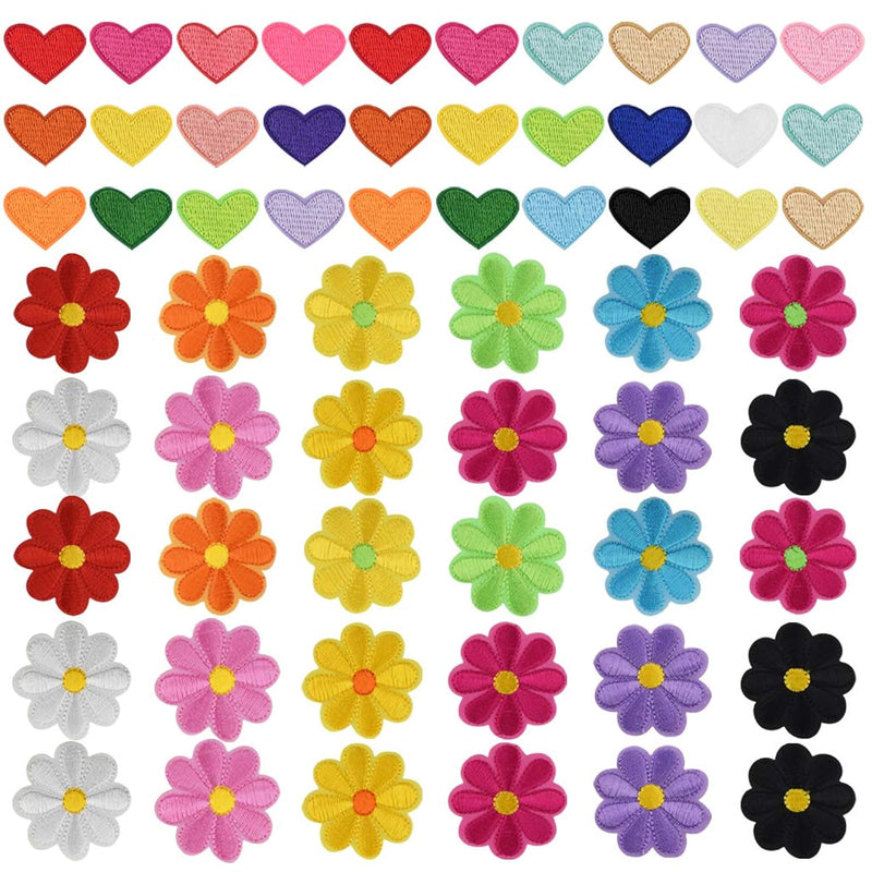 60Pcs Iron On Patches Cute Mini Heart Iron-On Sew-On Patches Flower Embroidere