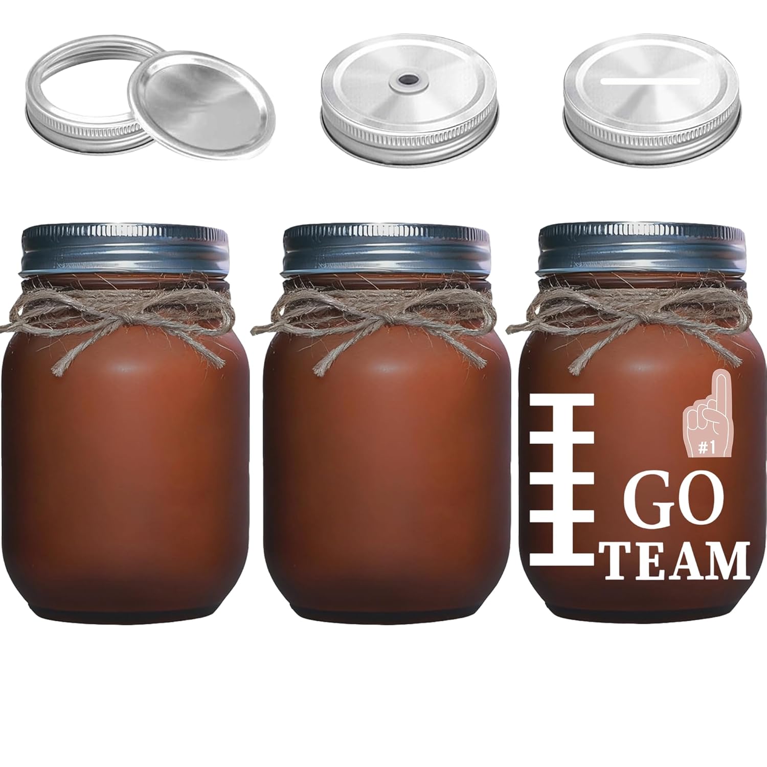 3 Pcs Football Decor Mason Jars Set With 3 Extra Lids, Table Centerpieces Home Vase With Storage Straw Piggy Bank Lids, Sports Party Game Rustic Decorations For Touch Down Rugby Day Go Team