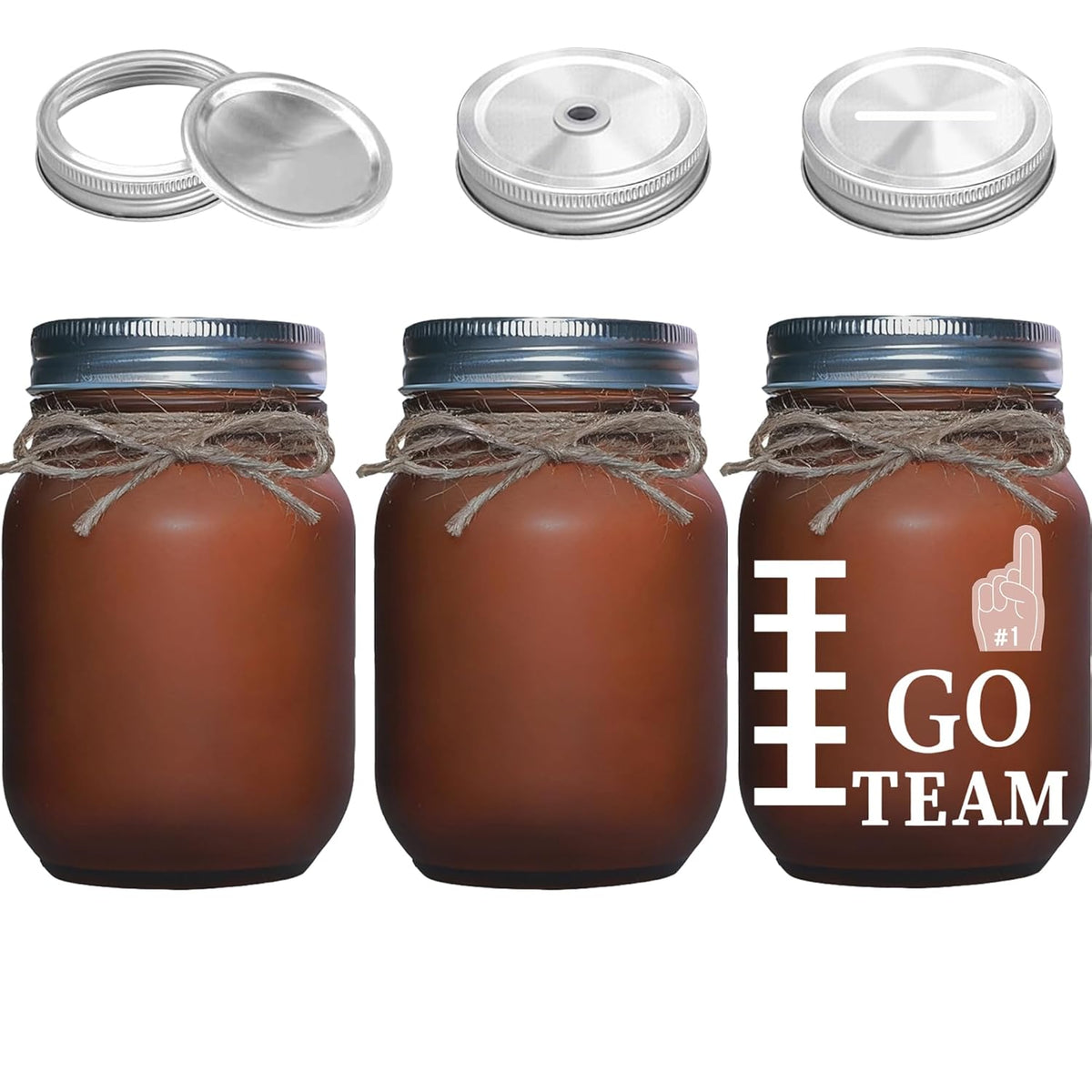 3 Pcs Football Decor Mason Jars Set With 3 Extra Lids, Table Centerpieces Home Vase With Storage Straw Piggy Bank Lids, Sports Party Game Rustic Decorations For Touch Down Rugby Day Go Team