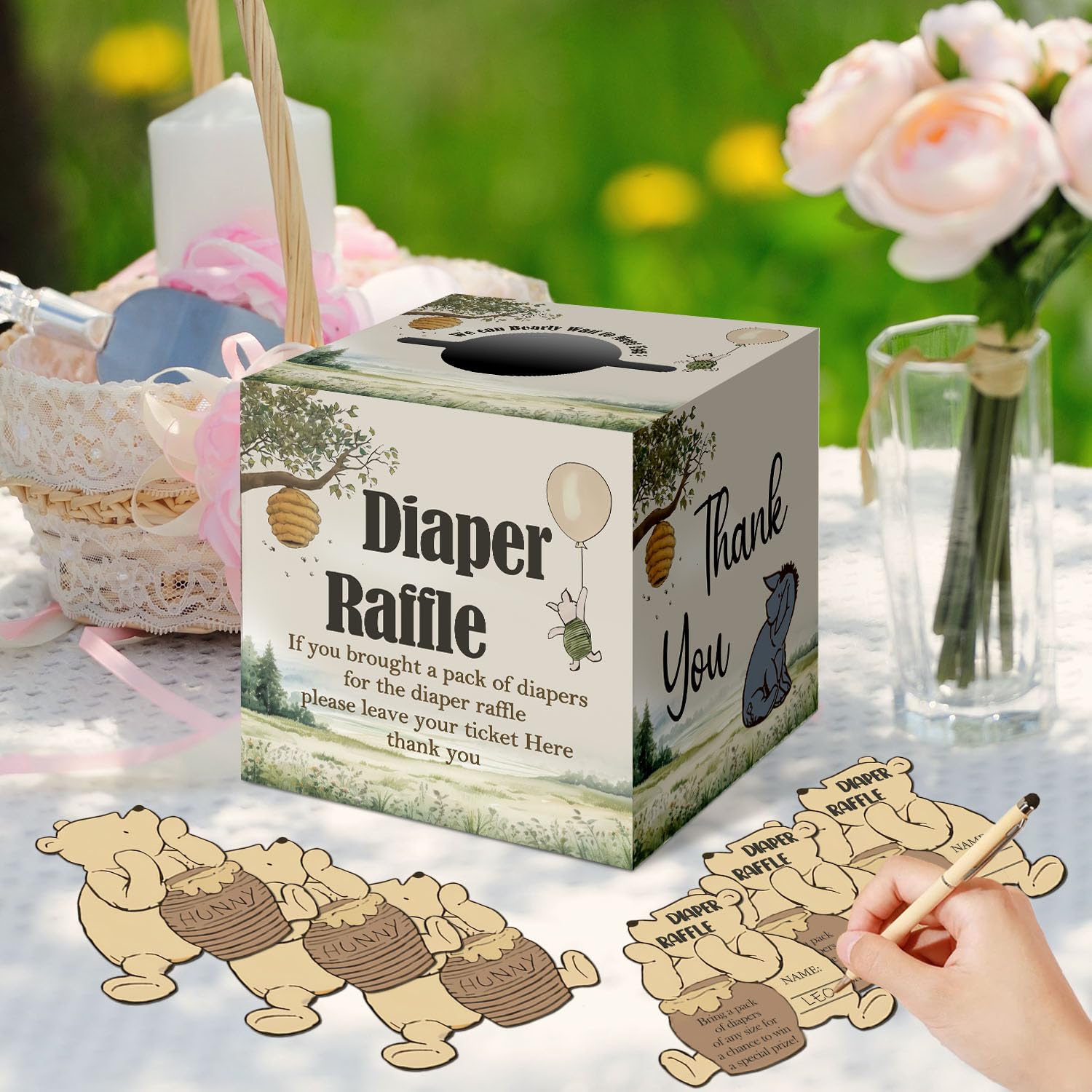 Winnie The Pooh 51Pcs Diaper Raffle Card Box For Baby Shower, Diaper Raffle Box With 50 Winnie Tickets, Party Favors Decorations Supplies