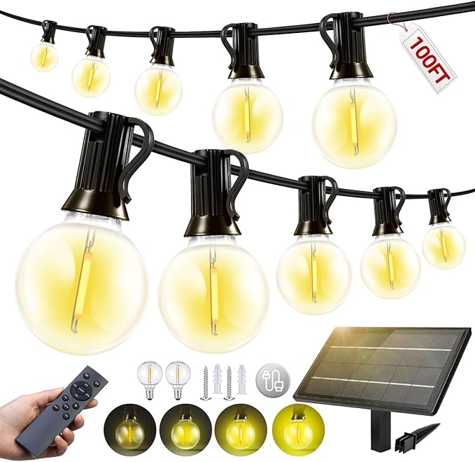 100FT Solar G40 String Lights Waterproof Shatterproof Patio Lights with Remote Control
