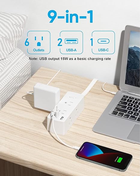 Flat Plug Power Strip with 6 Outlets 3 USB Ports 1 USB C 5FT Extension Cord White
