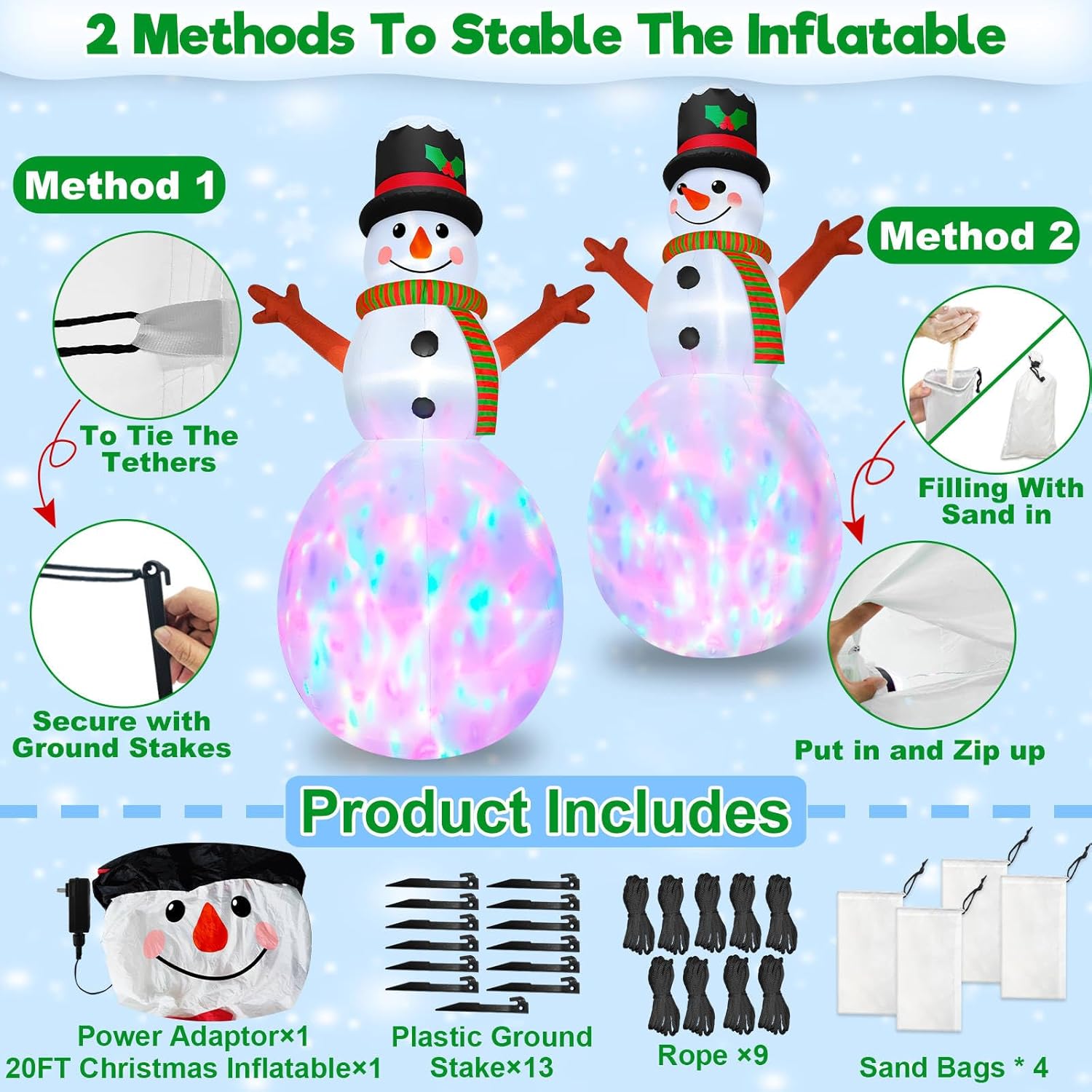 20Ft Giant Christmas Inflatable Snowman With Colorful 3D Rotating Lights, Outdoor Blow Up Christmas Decorations, Huge Sn