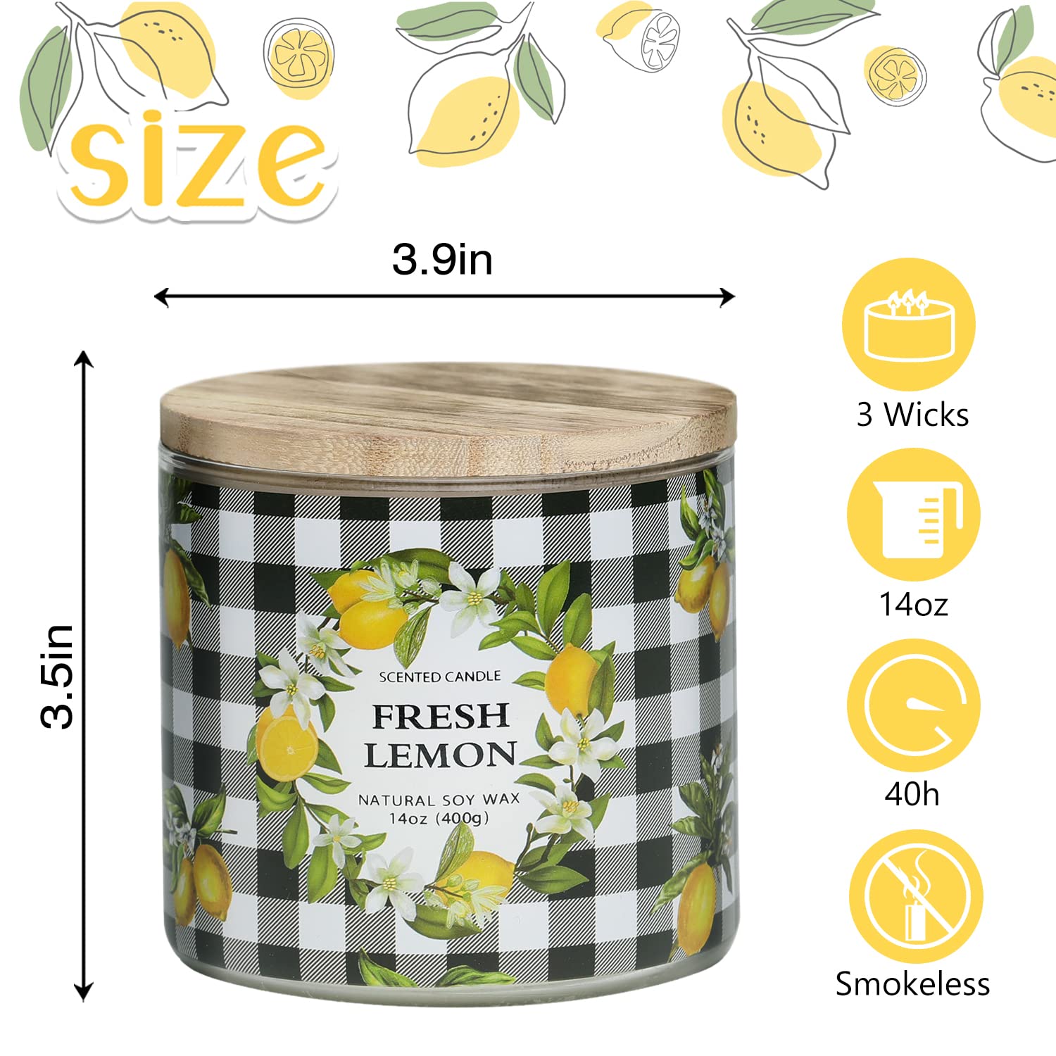 Lemon Candle, Fresh Lemon Scented Candle, Large 3 Wicks Candle, 14 Oz
