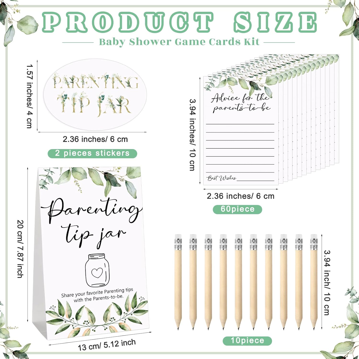 Baby Shower To Baby Advice Cards For New Parents To Be - Tip Jar Sign For New Parents 60 Parenting Advice Cards 10 Hb Pencils 2 Cute Stickers 1 Pet Bottle For Guests Games(Leaf)