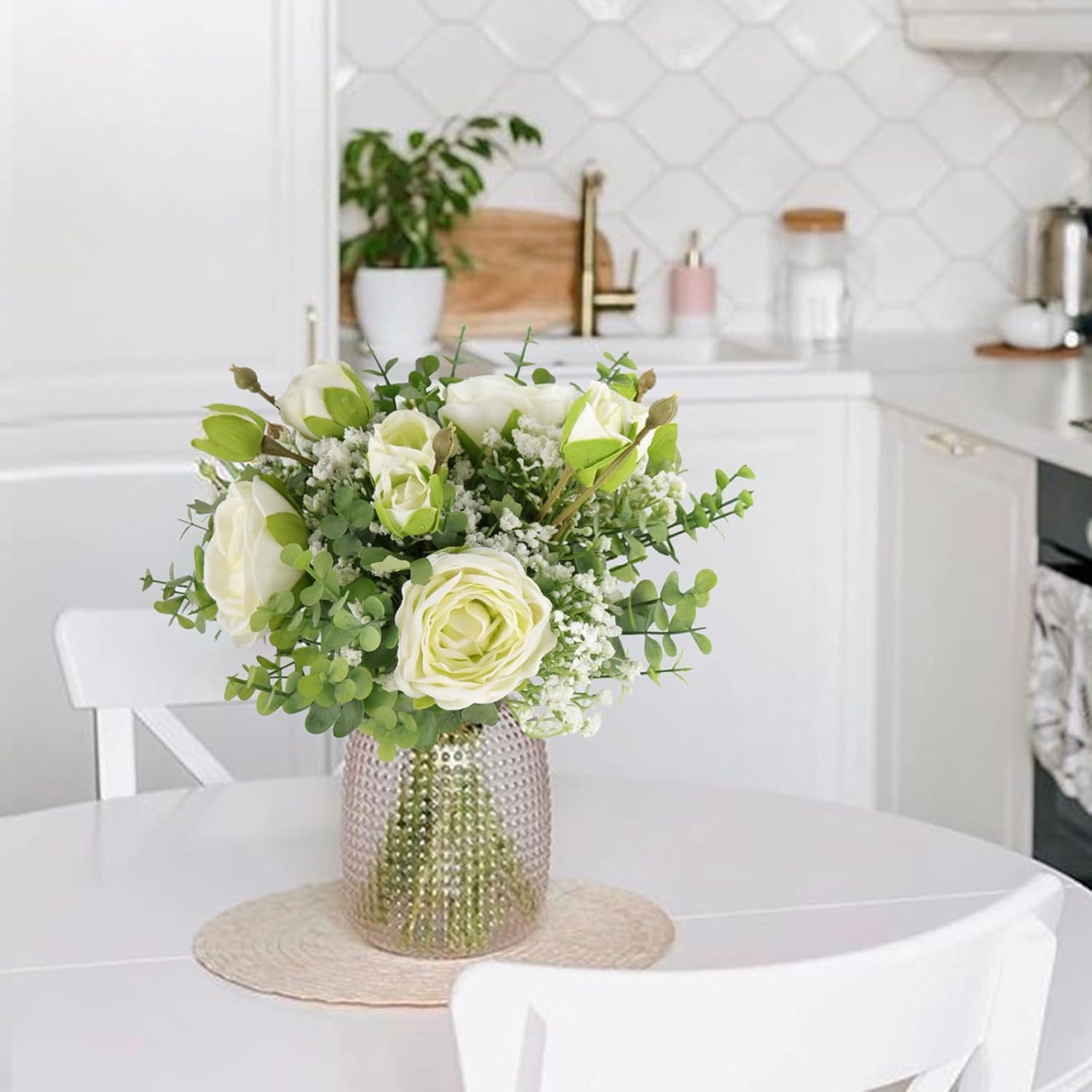 Artificial Babys Breath Flowers Silk White Peony Roses Eucalyptus Leaves Wedding Bridal Bouquets For Table Centerpieces (2 Bundles)