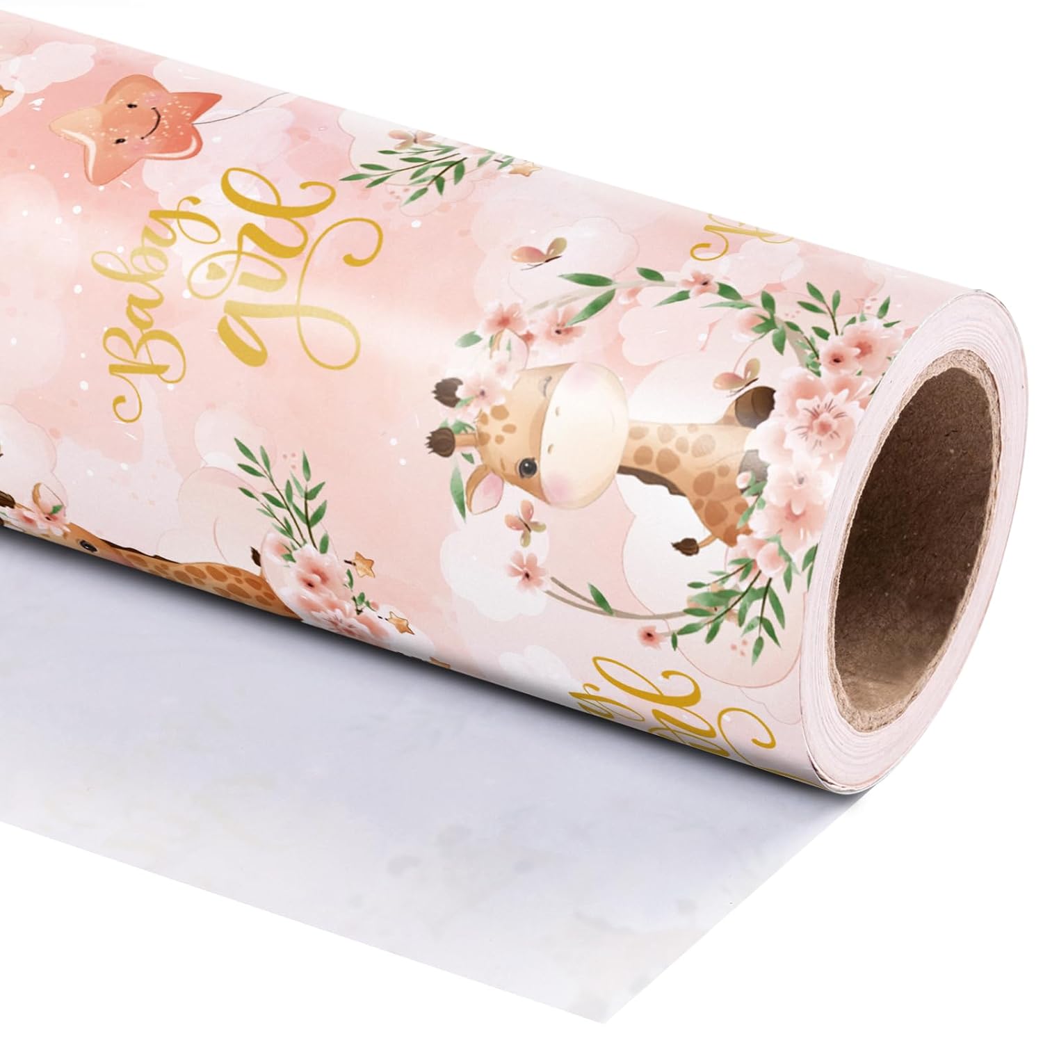 Baby Girl Wrapping Paper Roll - Mini Roll - 17 Inch X 33 Feet - Cute Giraffe And Baby Girl Lettering Design, Perfect For Baby Shower, Party, Holiday