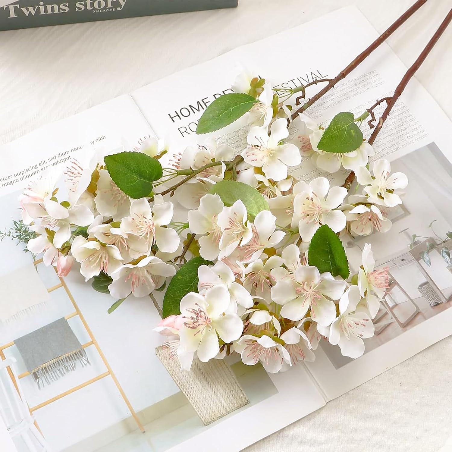 Artificial Cherry Blossom Branches 6Pcs Fake Flowers Artificial Faux Silk Flowers Plum Tree Blossom Fake Plants Arrangement For Spring Diy Home Wedding Table Office Vase Decor (White)