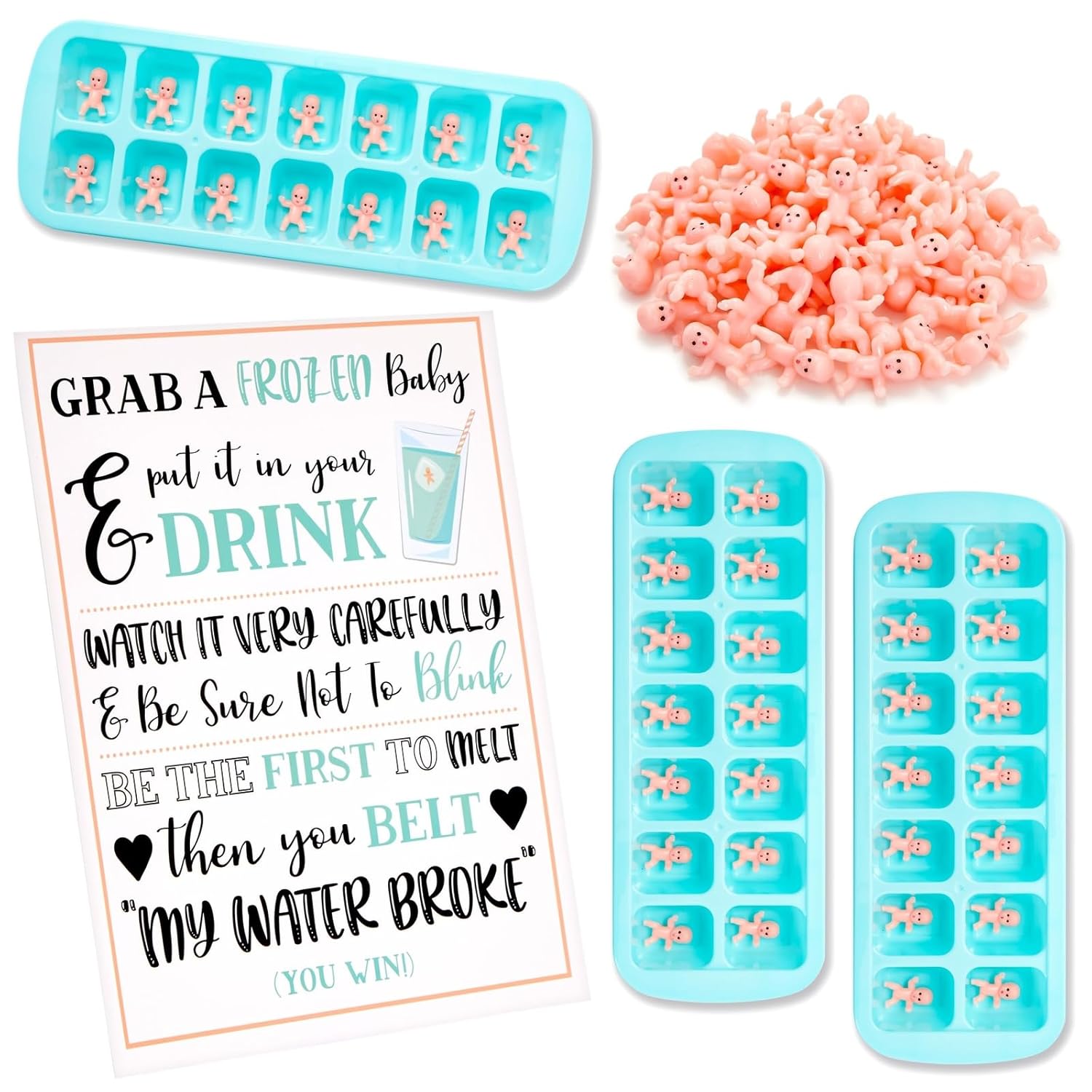 Baby Shower Games Kit - 60 White Tiny Plastic Babies, 3 Ice Cube Trays - My Water Broke Ice Cube Challenge & Shower Activity Supplies