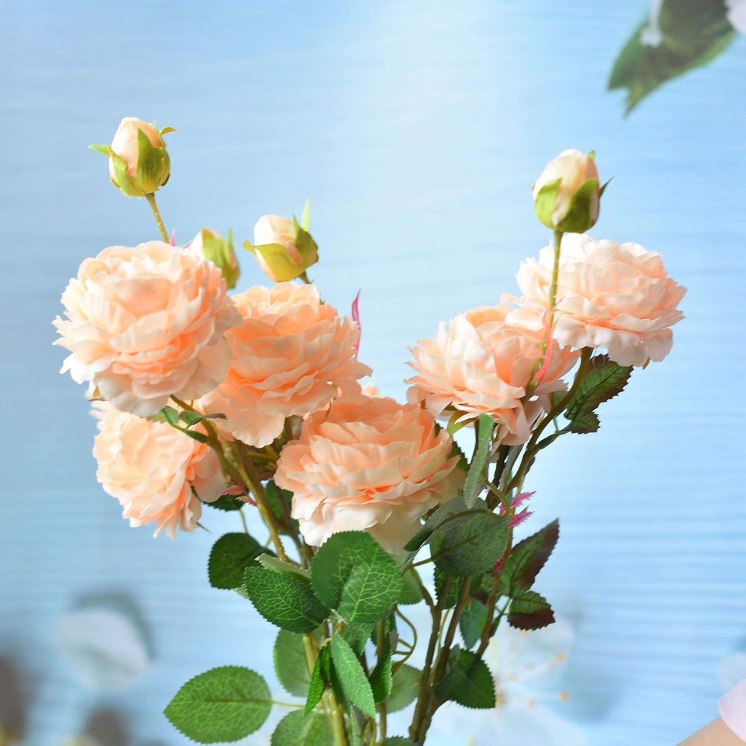Faux English Cabbage Rose 4 Branch 12 Stems Bundle Mixed Blooms & Buds Spays In Peach Pink, Artificial Silk Flowers & Fake Greenery, Indoor Outdoor Wedding Home Decor