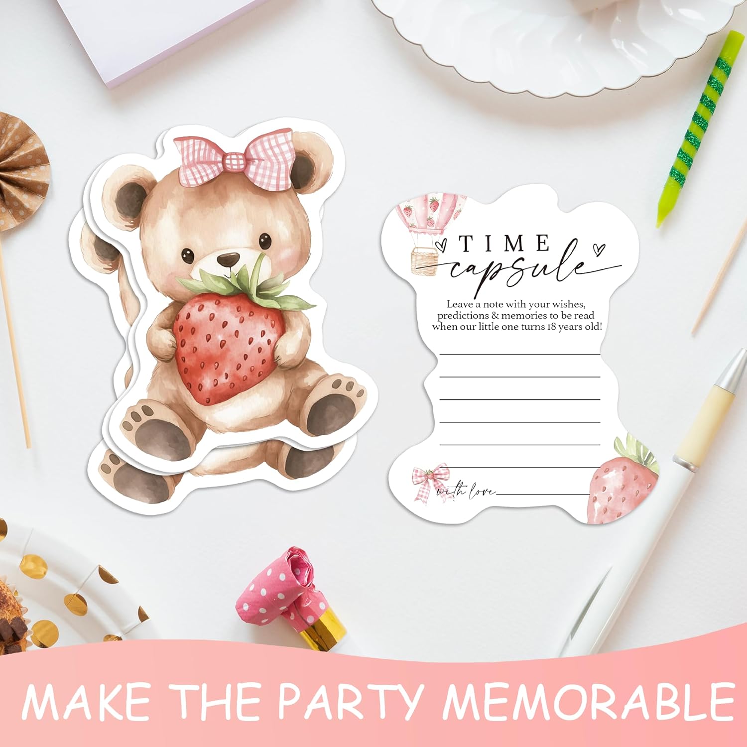 Baby Time Capsule Box 1St Birthday - Time Capsul For First Birthday Party Games, Guest Messages & Milestone Memories For Baby Boy Or Girl, 50 Pcs Strawberry Bear Theme Cards -A10