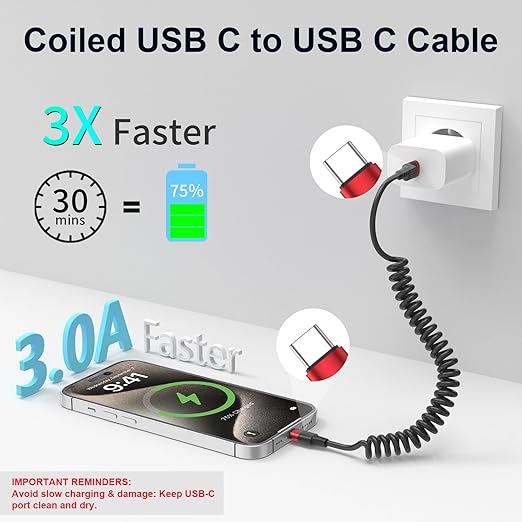 2 Pack 3FT Coiled USB C to USB C Fast Charging Cable for CarPlay iPhone Samsung Pixel