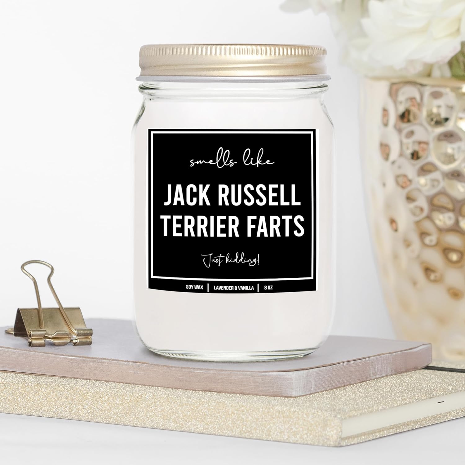 You Nique Designs Jack Russell Gifts - 8Oz Dog Fart Candle, Jack Russell Terrier Gifts For Women, Men - Jack Russell Dad Mom Gift Idea - Jack Russell Terrier Decor, Accessories (Lavender & Vanilla)