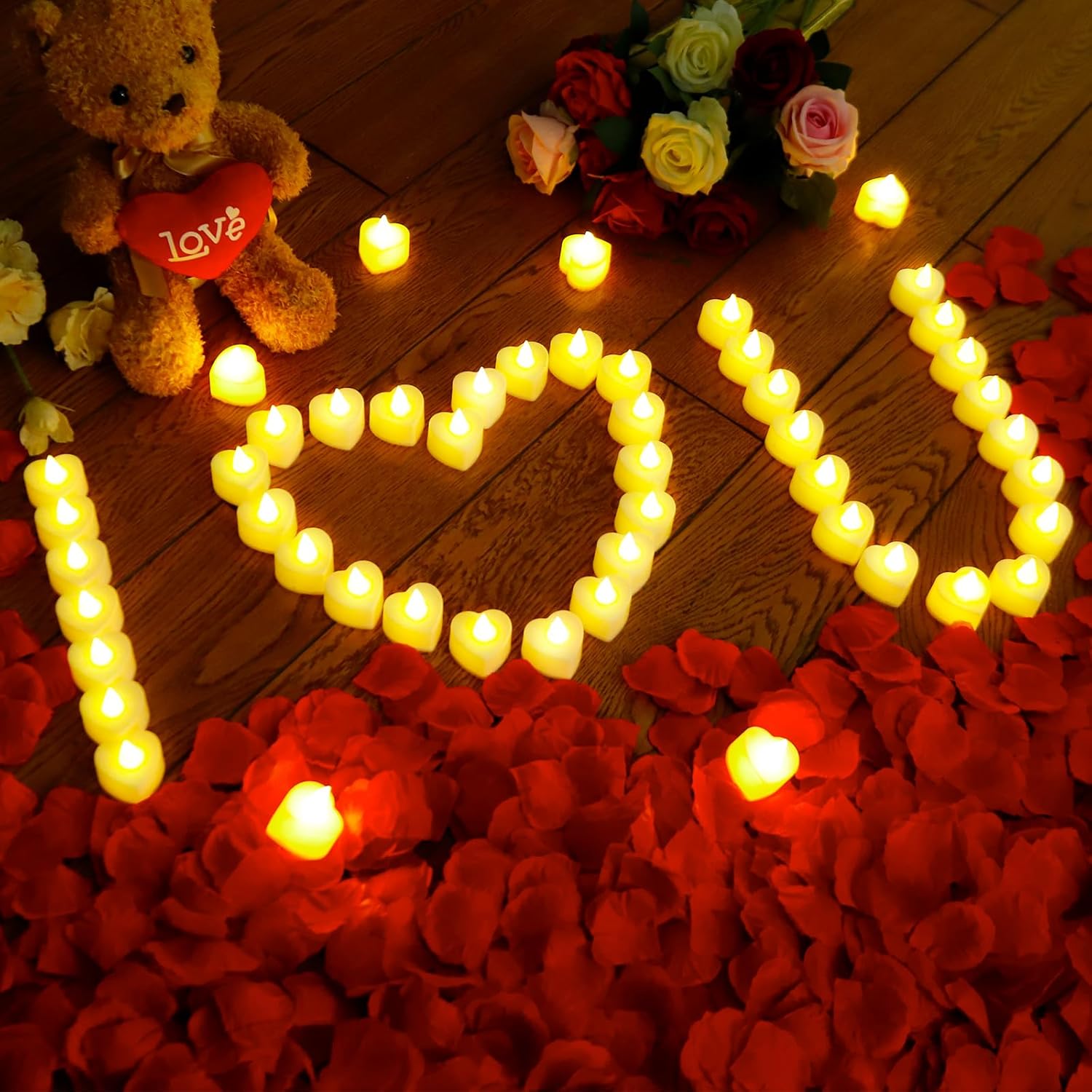 7000 Pieces Artificial Rose Petals With 72 Pieces Romantic Heart Led Tealight Candles, Rose Petals And Candles Set For Weddings Anniversaries Proposals Decor(Warm White Light)