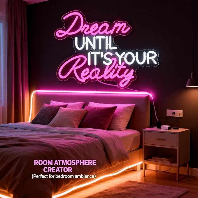 Dream Until It’s Your Reality Pink LED Neon Sign USB Wall Light for Bedroom Office Classroom Decor