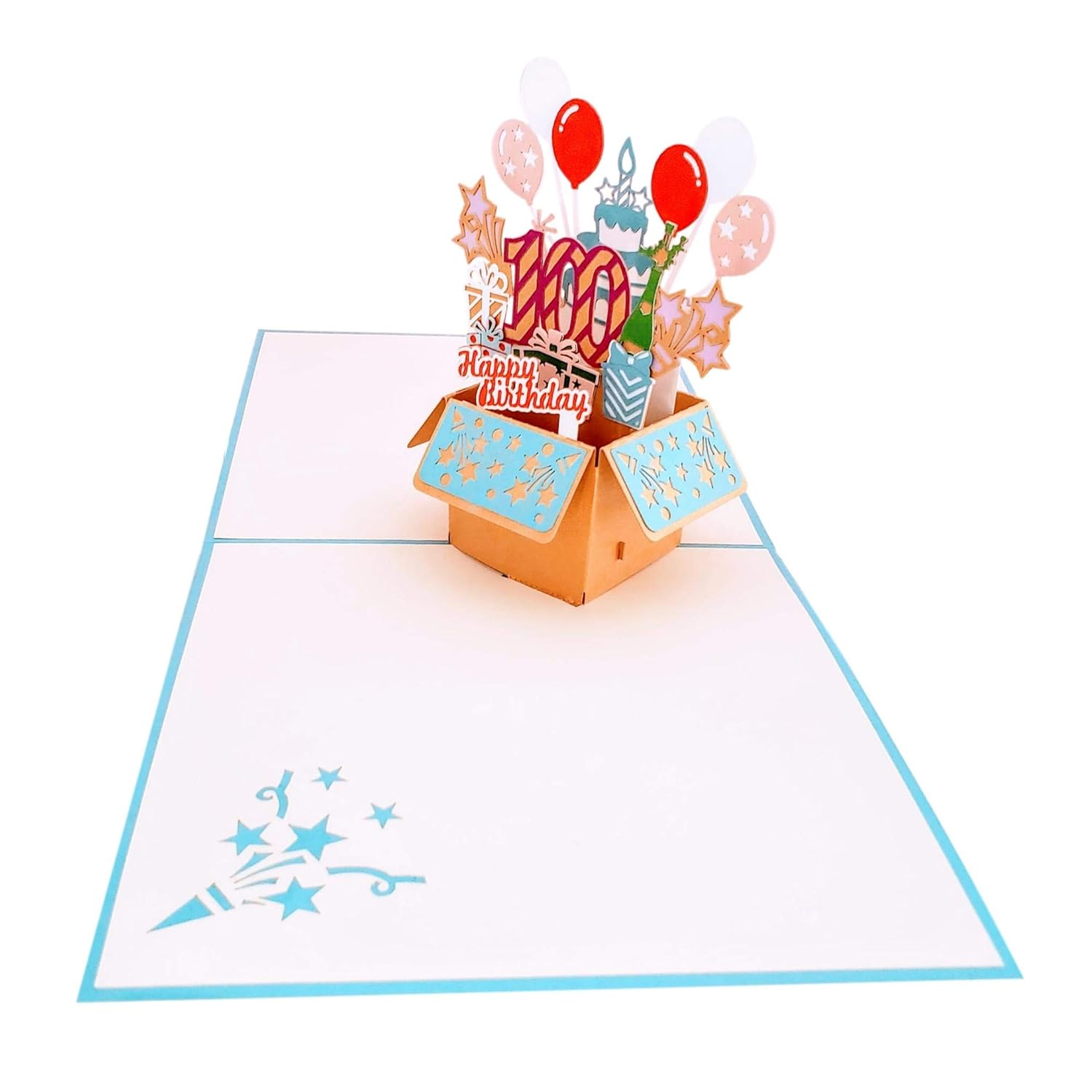 100Th Birthday 3D Pop-Up Card – Blue Party Box Celebration With Balloons, Cake, Champagne & Gifts – Milestone Keepsake For Grandparents, Parents, Friends, Or Loved Ones – 6" X 6"
