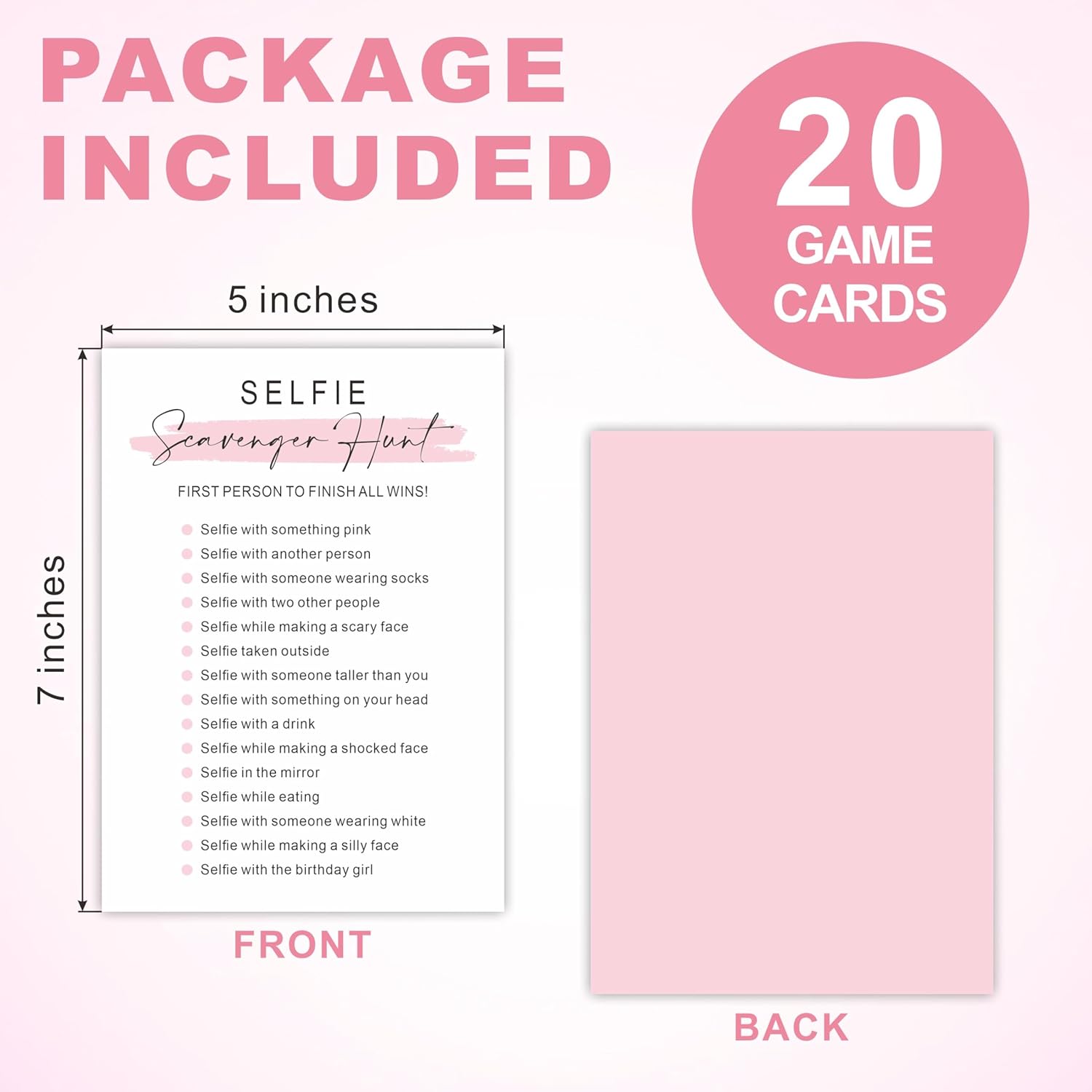 Minimalism Birthday Party Game Cards - Selfie Scavenger Hunt - 20 Blush Double-Sided Fill In Style Funny Birthday Party Game Cards For Adults, Party Supplies & Activities - A02