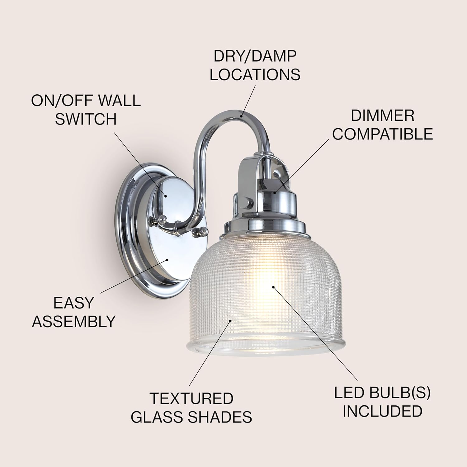 Jyl7407A Virginia 5.75" 1-Light Metal/Glass Led Traditional Classic Vanity Light Modern 2700K Led 4W Bulb Entryway Lobby Kitchen Bathroom Bedroom Living Room Hallway, Chrome