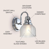 Jyl7407A Virginia 5.75" 1-Light Metal/Glass Led Traditional Classic Vanity Light Modern 2700K Led 4W Bulb Entryway Lobby Kitchen Bathroom Bedroom Living Room Hallway, Chrome