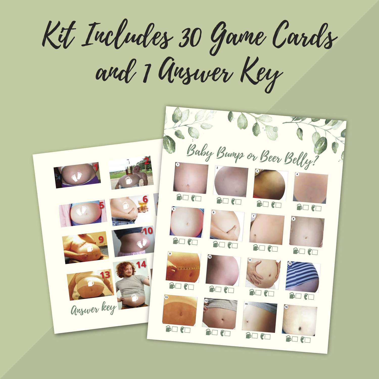 30 Beer Belly Or Pregnant Baby Bump Game Cards- Shower, Gender Reveal Or Bachlorette Party Supply Kit- Modern Neutral Ivory Card Design- An Easy, Fun Game For Men & Women!