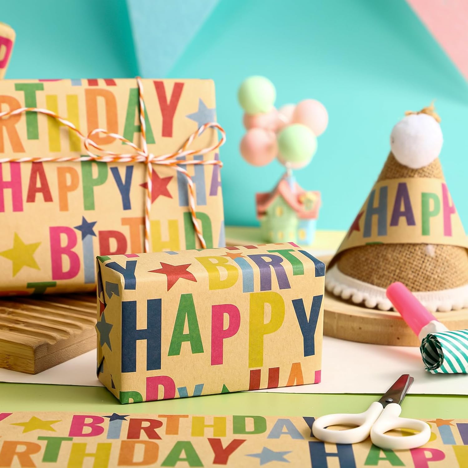 Kraft Birthday Wrapping Paper Sheet - 6 Sheets Colorful Happy Birthday Wrapping Paper Folded Flat For Kids, Baby Shower, Party, Holiday - 19.7 Inch X 27.5 Inch Per Sheet