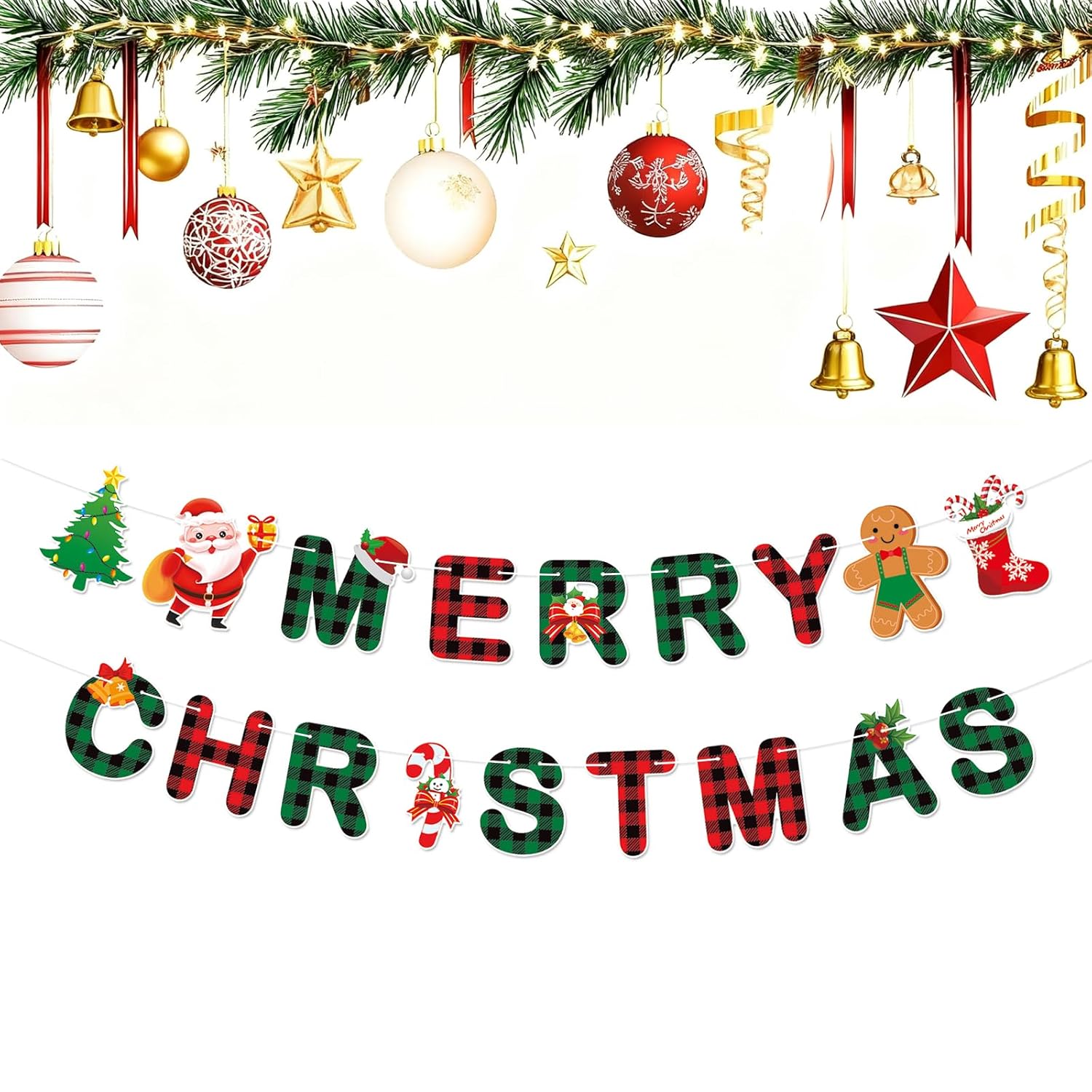 Merry Christmas Banner,Pre-Strung Red Green Buffalo Plaid Christmas Banner, Gingerbread Xmas Tree Garland Sign For Christmas Party Decorations,Indoor,Home, Office,Fireplace,Wall,Windows,Holiday Decor