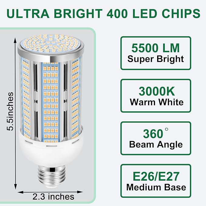 2 Pack 50W LED Corn Light Bulbs 400W Equivalent 3000K Warm White 5500 Lumens E26 E27 Base