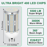 2 Pack 50W LED Corn Light Bulbs 400W Equivalent 3000K Warm White 5500 Lumens E26 E27 Base