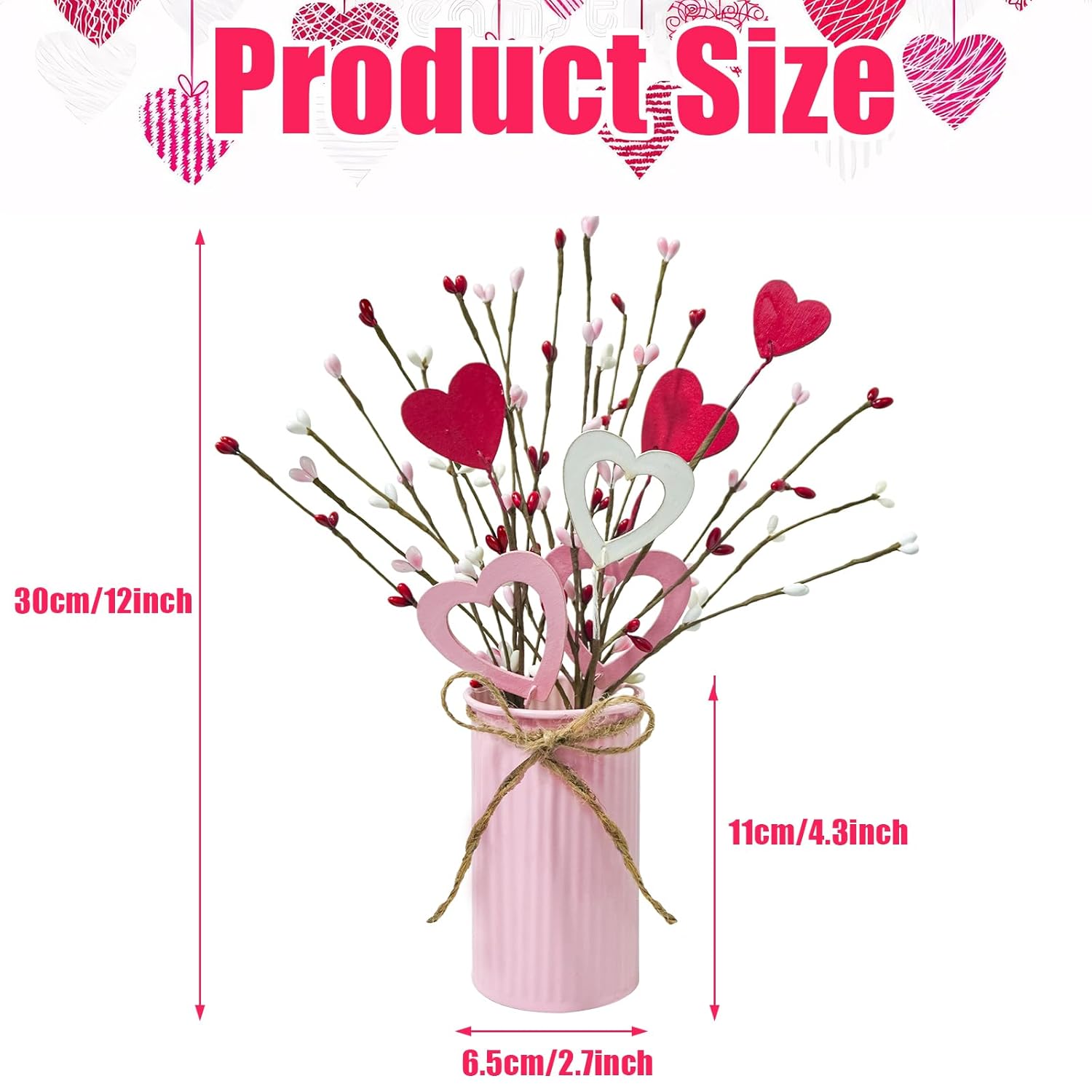 4 Sets Valentine'S Day Table Centerpiece Red Pink White Wood Heart Berry Stems Picks With Metal Pot Artificial Valentine Flowers Floral Arrangement For Wedding Party Fireplace Decor