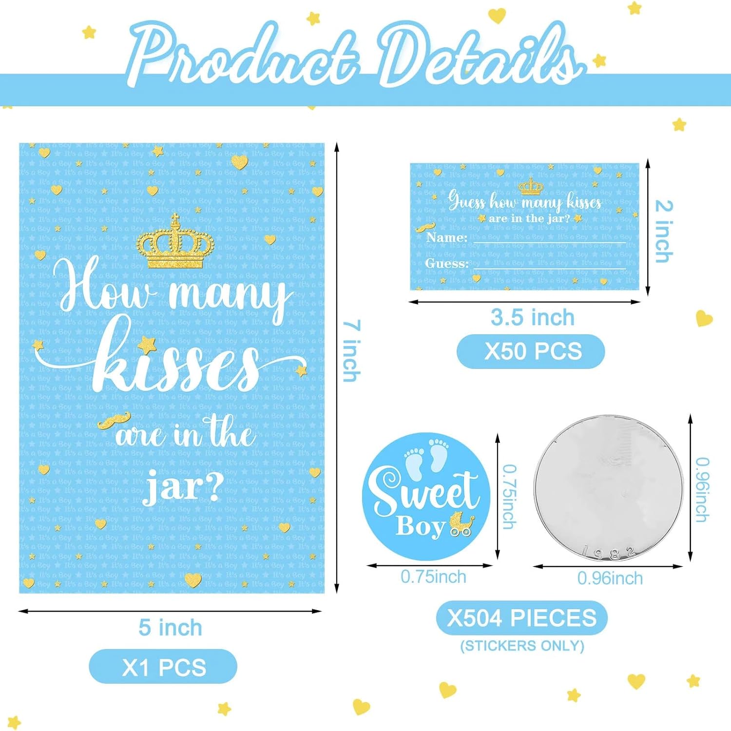 555 Pcs How Many Kisses Game Card Kit How Many Kisses Baby Shower Games Standing Sign Guessing Cards Baby Shower Stickers For Kid Sprinkle Birthday Party, No Candy And Jar(Blue Boy Style)