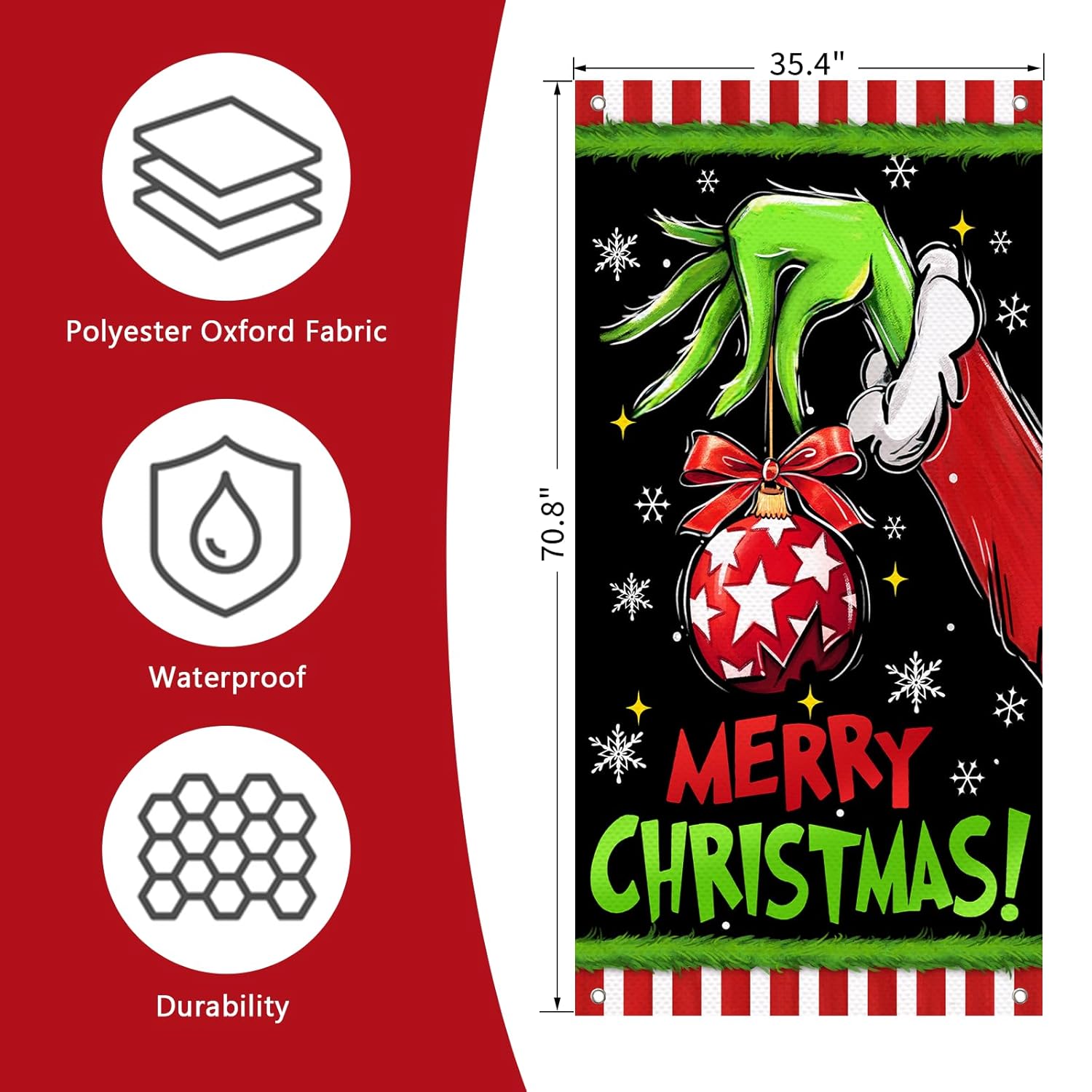 Merry Christmas Green Black Decorative Front Door Cover, Xmas Ball Snowflake Banner Background Decoration, Funny Winter Holiday Indoor Outdoor Home Decor 3 X 6 Ft