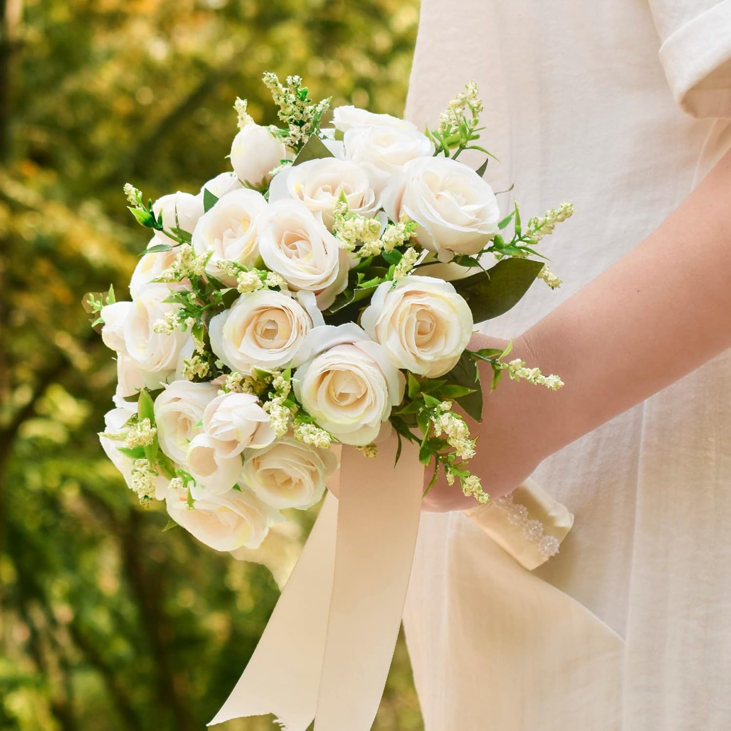 Wedding Bouquets For Bride Bridesmaid, 9 Inch Ivory Bride Bridal Bouquet Tossing Rustic Bouquet Artificial Roses For Wedding Church Home Decoration