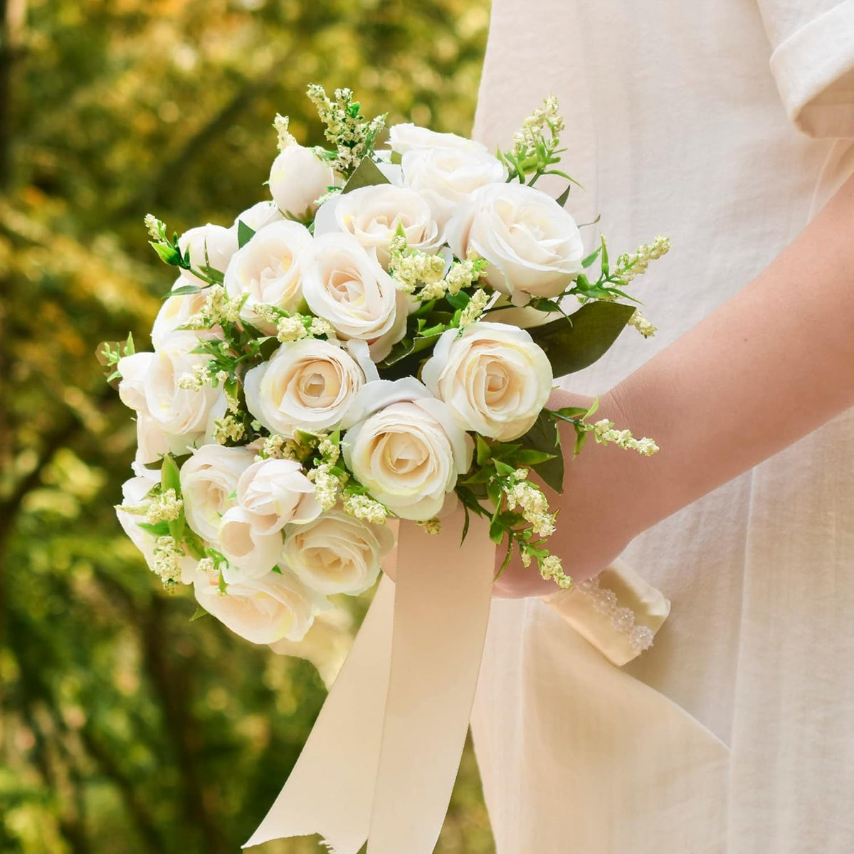 Wedding Bouquets For Bride Bridesmaid, 9 Inch Ivory Bride Bridal Bouquet Tossing Rustic Bouquet Artificial Roses For Wedding Church Home Decoration