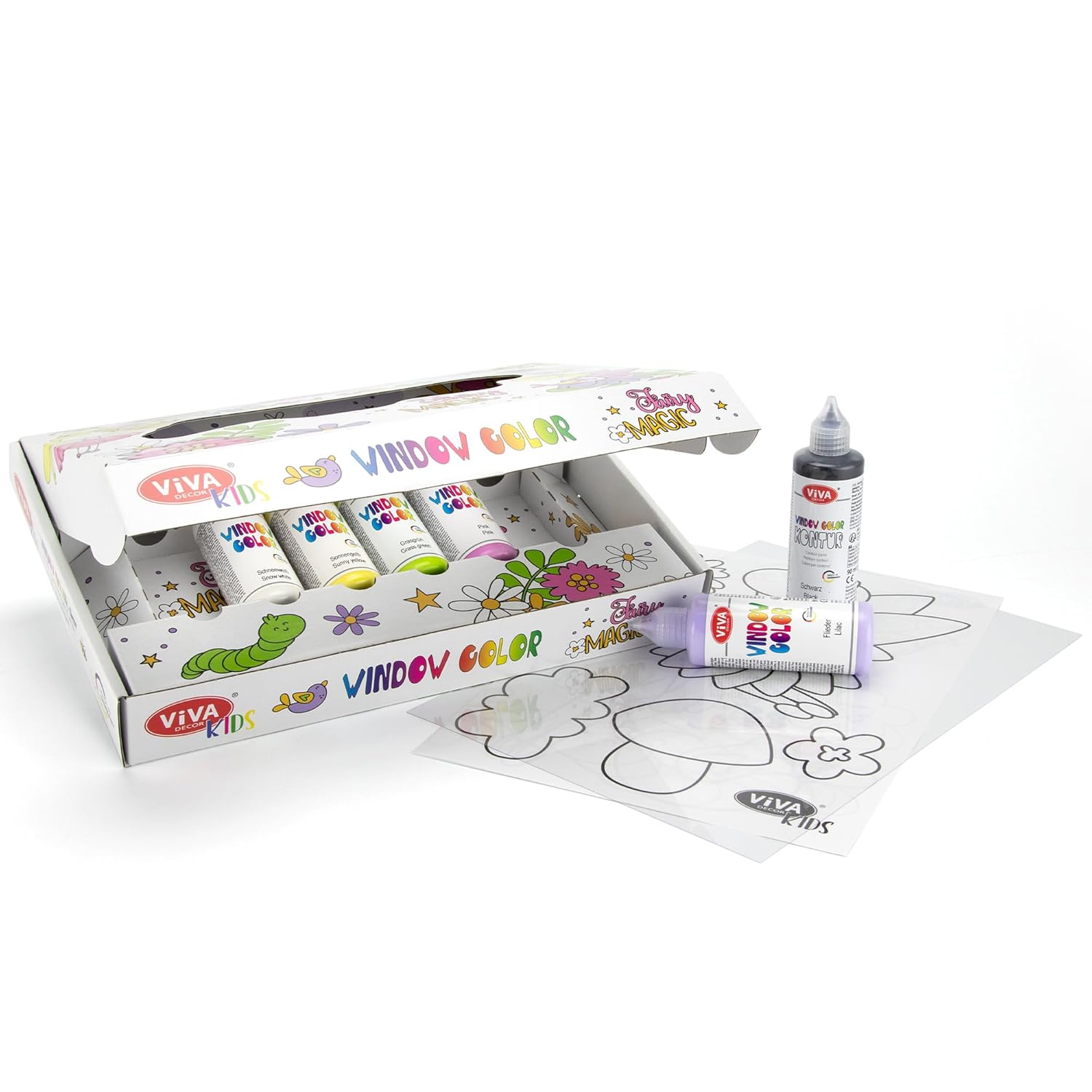 Viva Decor Kids Window Paint Set Fairy Magic (6 Colours of 90 ml) Gift Set with 15 Motifs - Made in Germany