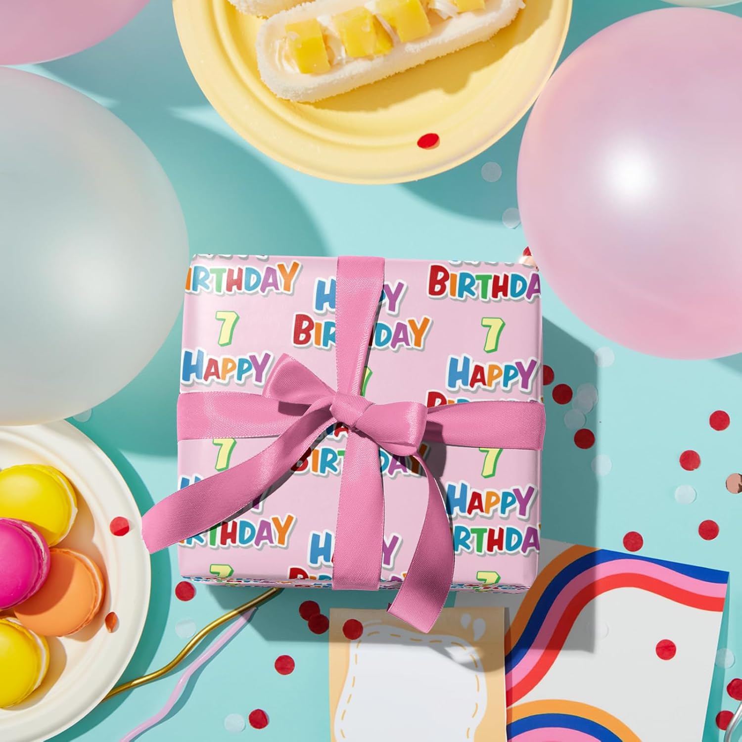 7Th Birthday Wrapping Paper Roll - Pink Happy 7Th Birthday Gift Wrap For Age7 Girls Birthday Party - Mini Roll - 17 Inches X 16.4 Feet (23.2 Sq.Ft.)