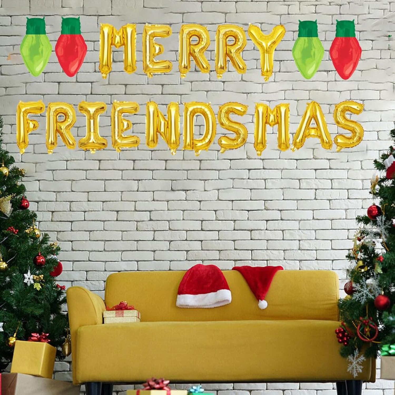 Merry Friendsmas Glittering Christmas Banner With Lightbulb Balloons, Friends-Themed Christmas Winter Holiday Party Garland Bunting Decorations.