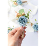 Boutonniere For Men Wedding, Groom Groomsman Artificial Rose Flowers For Wedding Anniversary Celebration,Prom,Party,Home Decoration Set Of 2 (Dusty Blue)