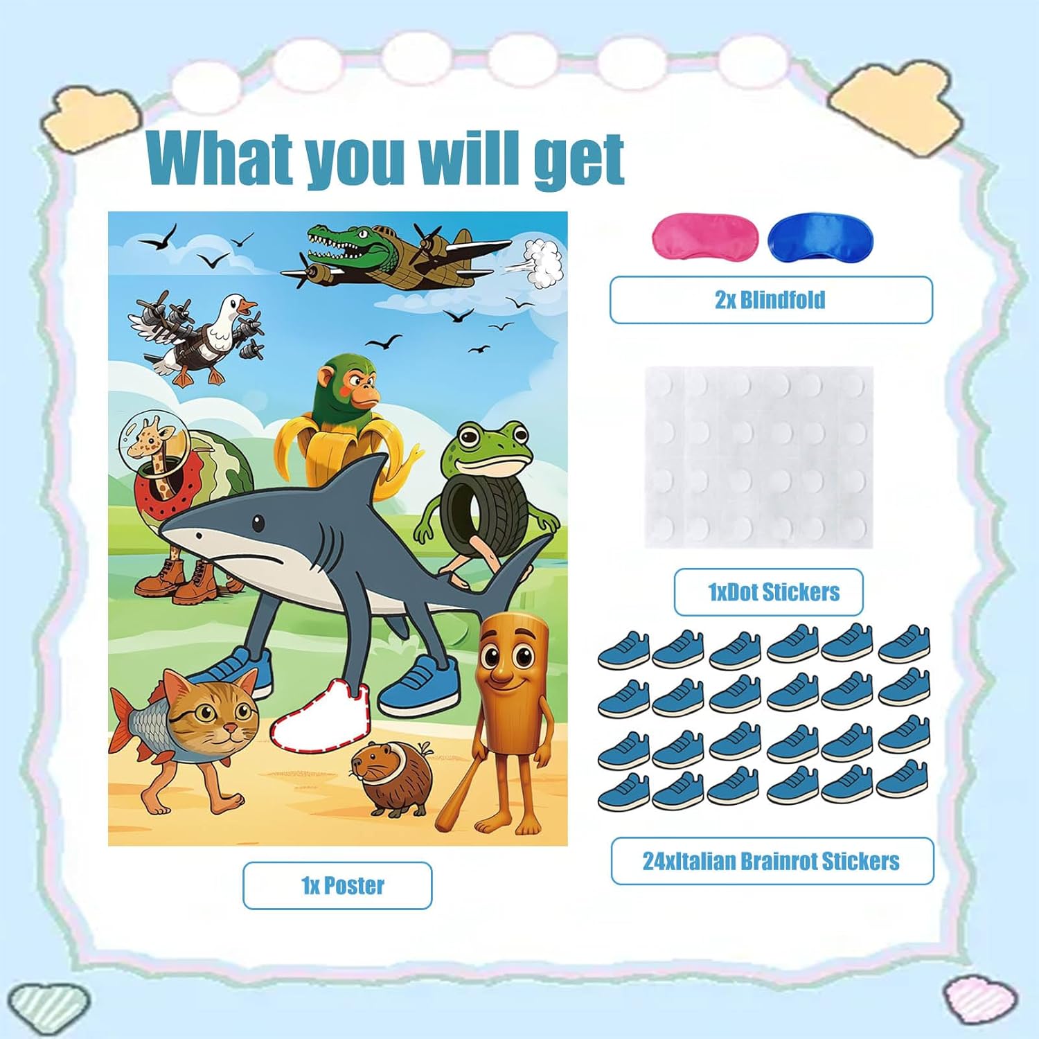 Italian Brainrot Party Game, Pin The Tail Party Game Set With 24 Stickers And And 2 Blindfolds, Tralalero Birthday Party Supplies Decorations For Girls Boys?Tralalero Tralala?