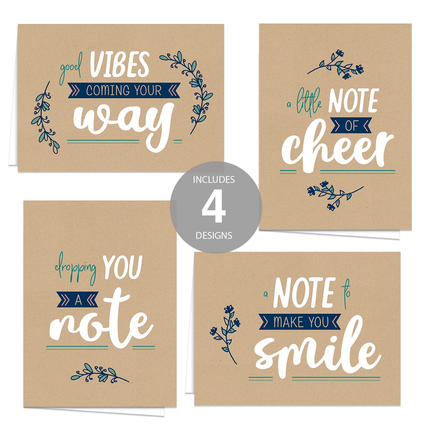 Encouraging Kraft Look Greeting Cards / 12 Friendship Note Card Pack With White Envelopes / 5" X 7" All Occasion Cards / 4 Modern Faux Brown Kraft Card Designs/Made In The Usa