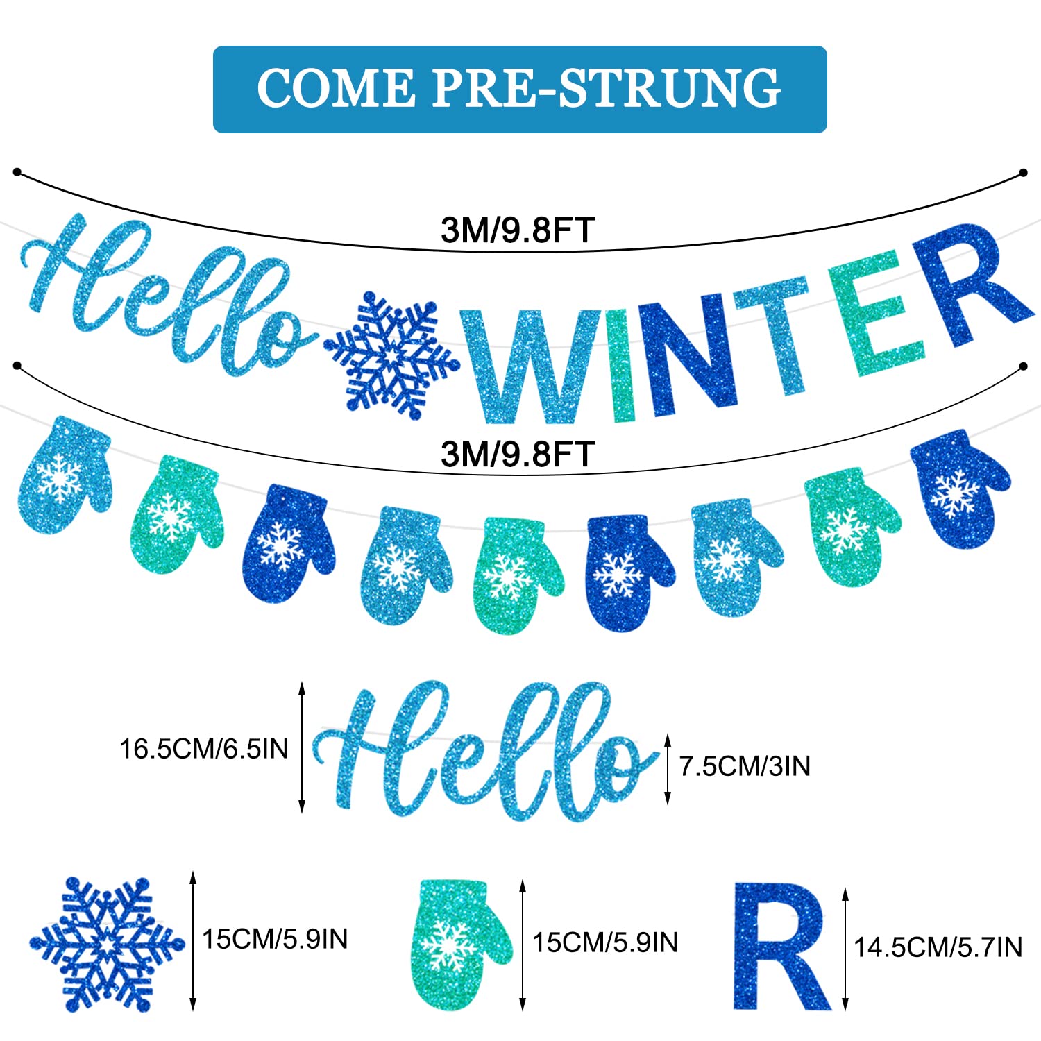 Glitter Hello Winter Banner With Snowflake Signs And Blue Glittery Gloves - Snowflake Garland For Christmas Holiday, Winter Wonderland Birthday, Baby Shower Party Mantle Decorations