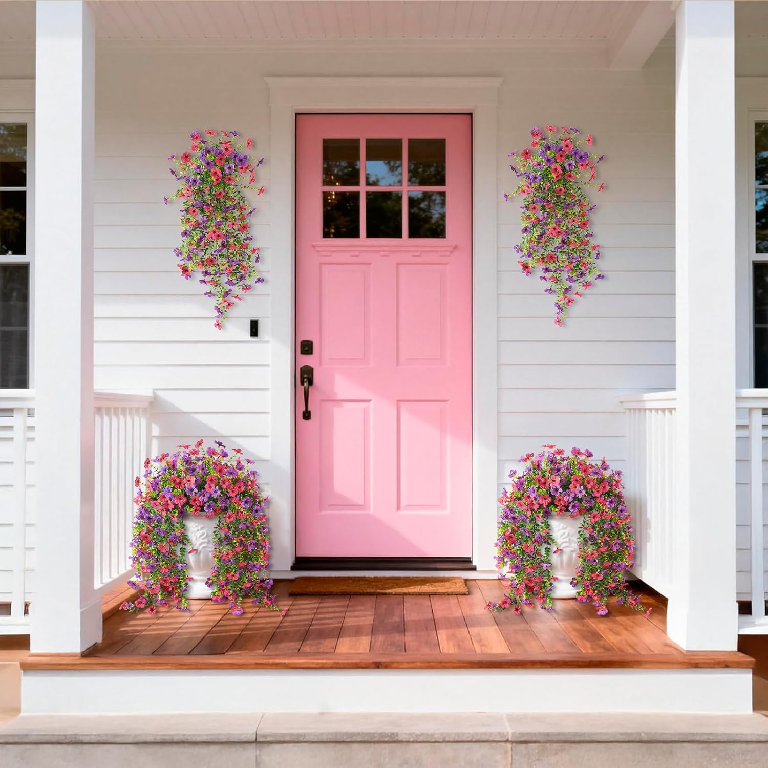 Artificial Hanging Flowers For Outdoors, 2 Pcs Fake Hanging Plant Spring Summer Decoration, Uv Resistant No Fade Faux Silk Daisy Flower For Planter Porch Patio Yard Garden Decor(Purple Hot Pink)