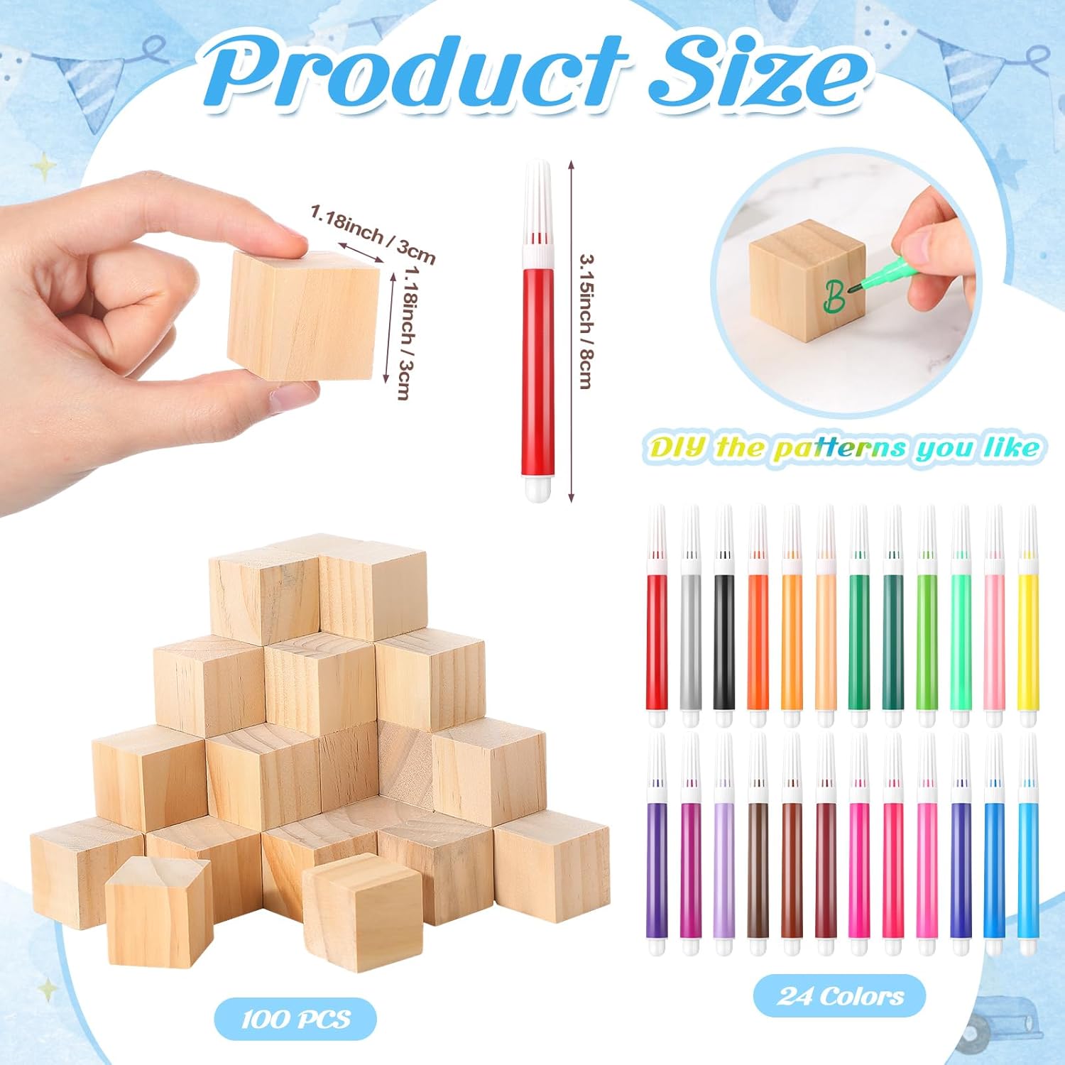125 Pcs Baby Shower Decorate A Block Game Set Includes Help Us Build Memories Sign 100 Diy Blank Wooden Block 24 Paint Marker Prize For Wedding Baby Shower Game(Bear)