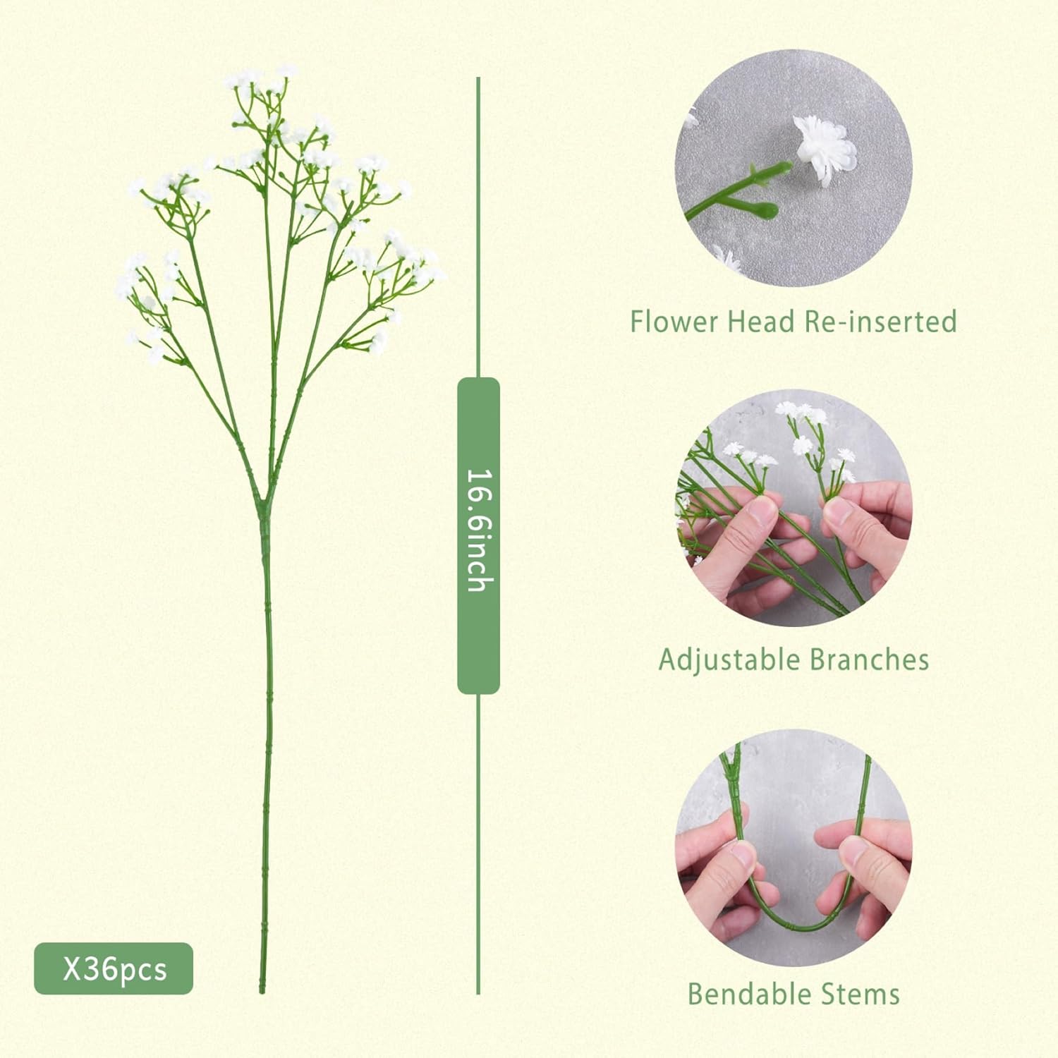 Babys Breath Artificial Flowers, 36 Pcs Baby Breath Flowers Artificial Bulk Real Touch Faux Flowers Bouquets For Wedding Decor Party Home Decoration (White)
