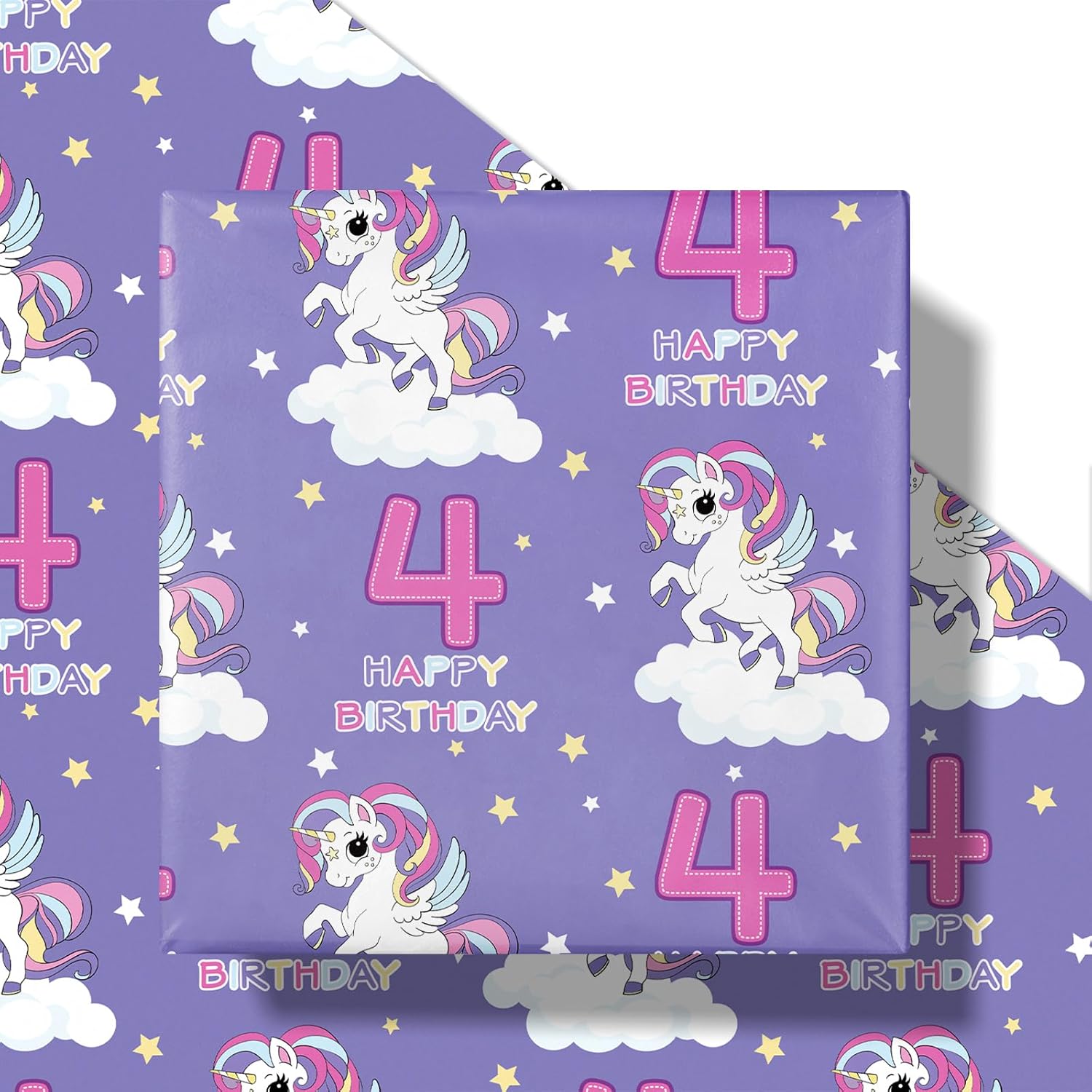 Unicorn Birthday Wrapping Paper Roll For Girls, Mini Roll, Dreamy Purple Unicorn And Number 4 Gift Wrap Paper For 4Th Birthday Party, Theme Party, 17 Inches X 16.4 Feet